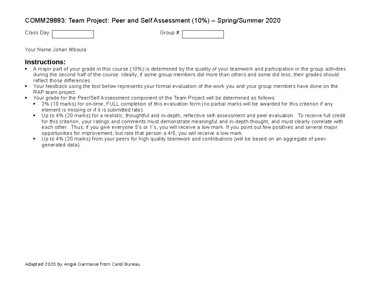 RAP Team Project - Self and Peer Assessment - COMM28883: Team Project ...