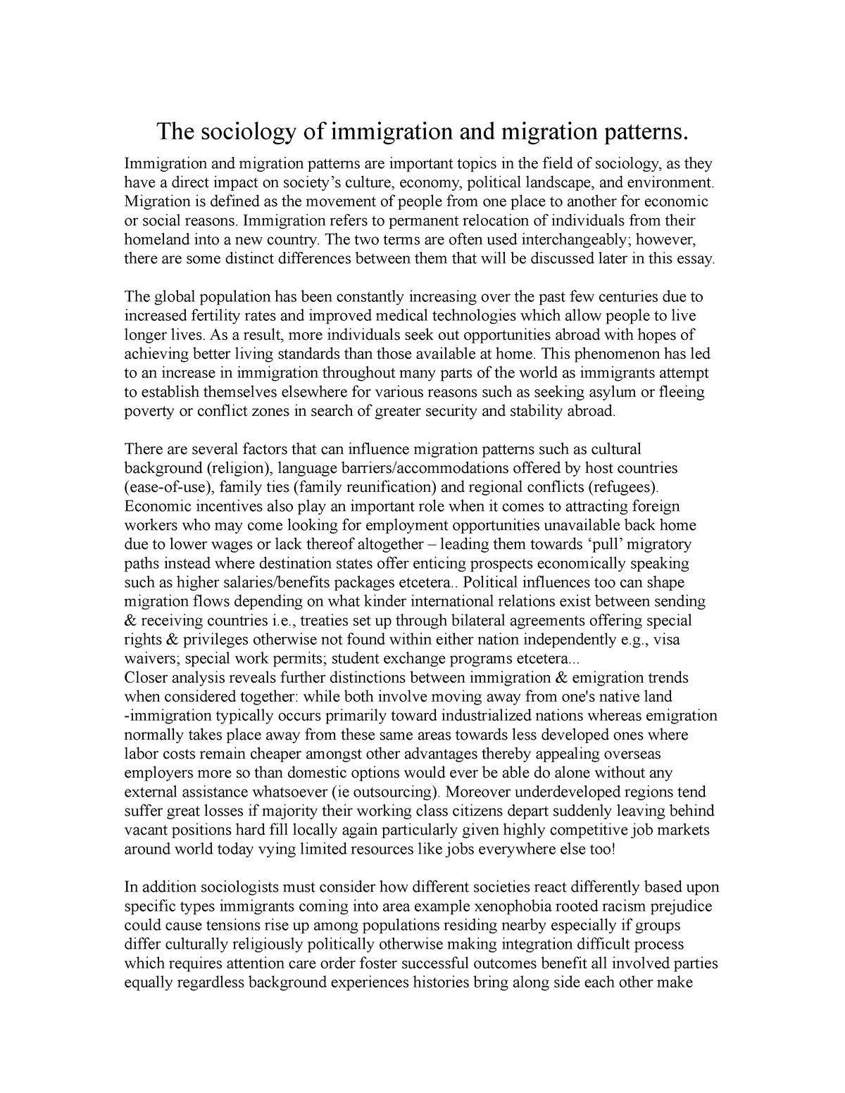 immigration sociology essay