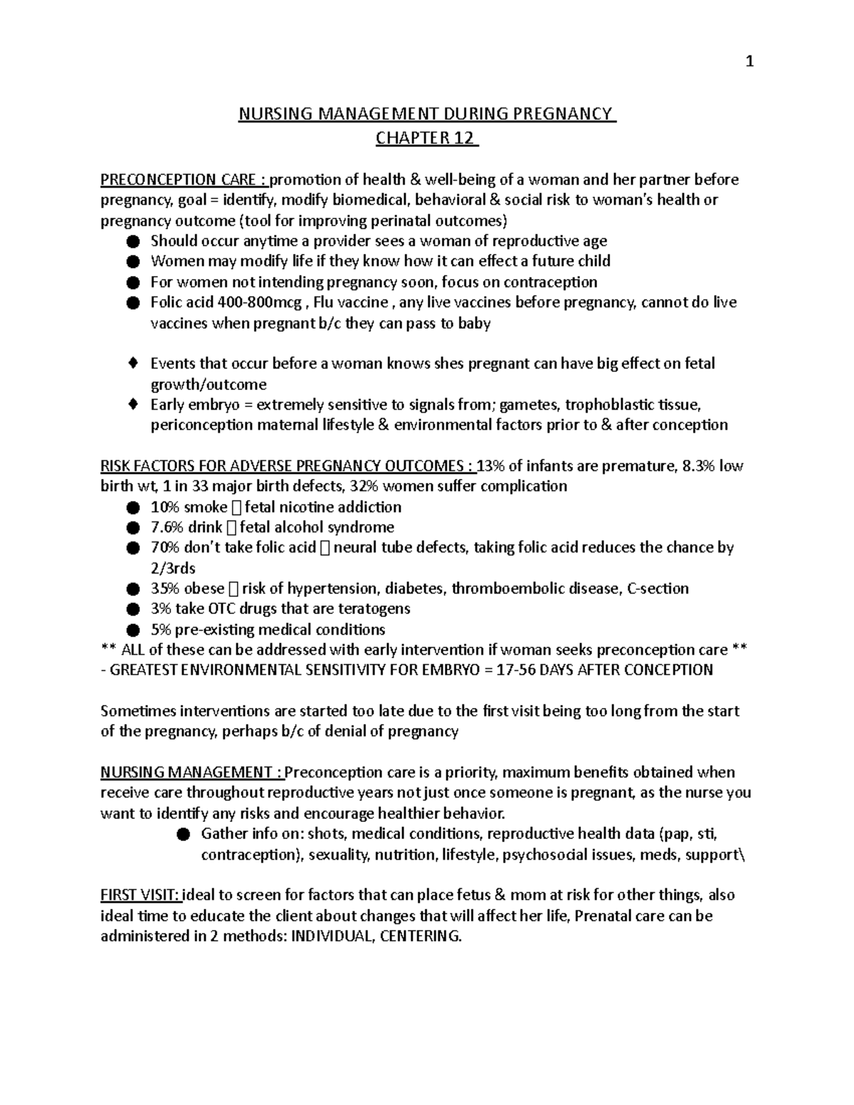 Ch. 12 Woman Lecture Notes - NURSING MANAGEMENT DURING PREGNANCY ...