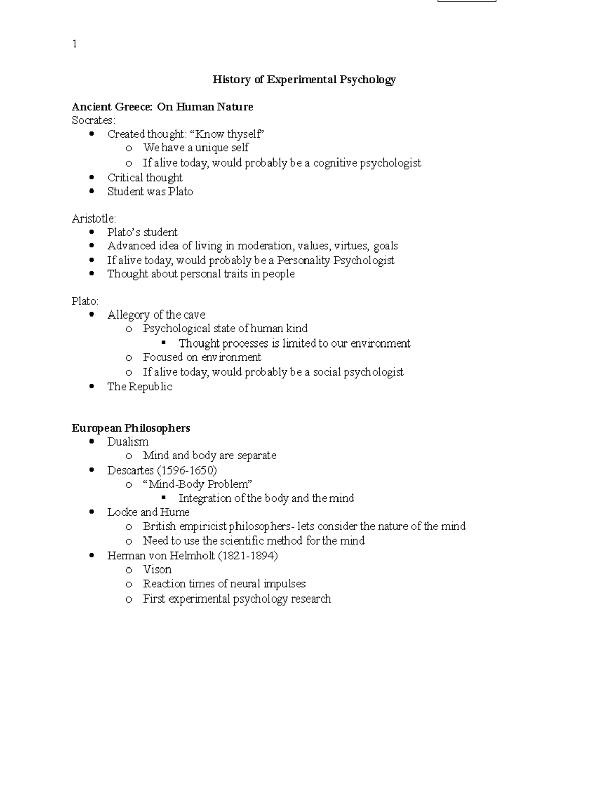 Notes Part I - 1 History of Experimental Psychology Ancient Greece: On ...