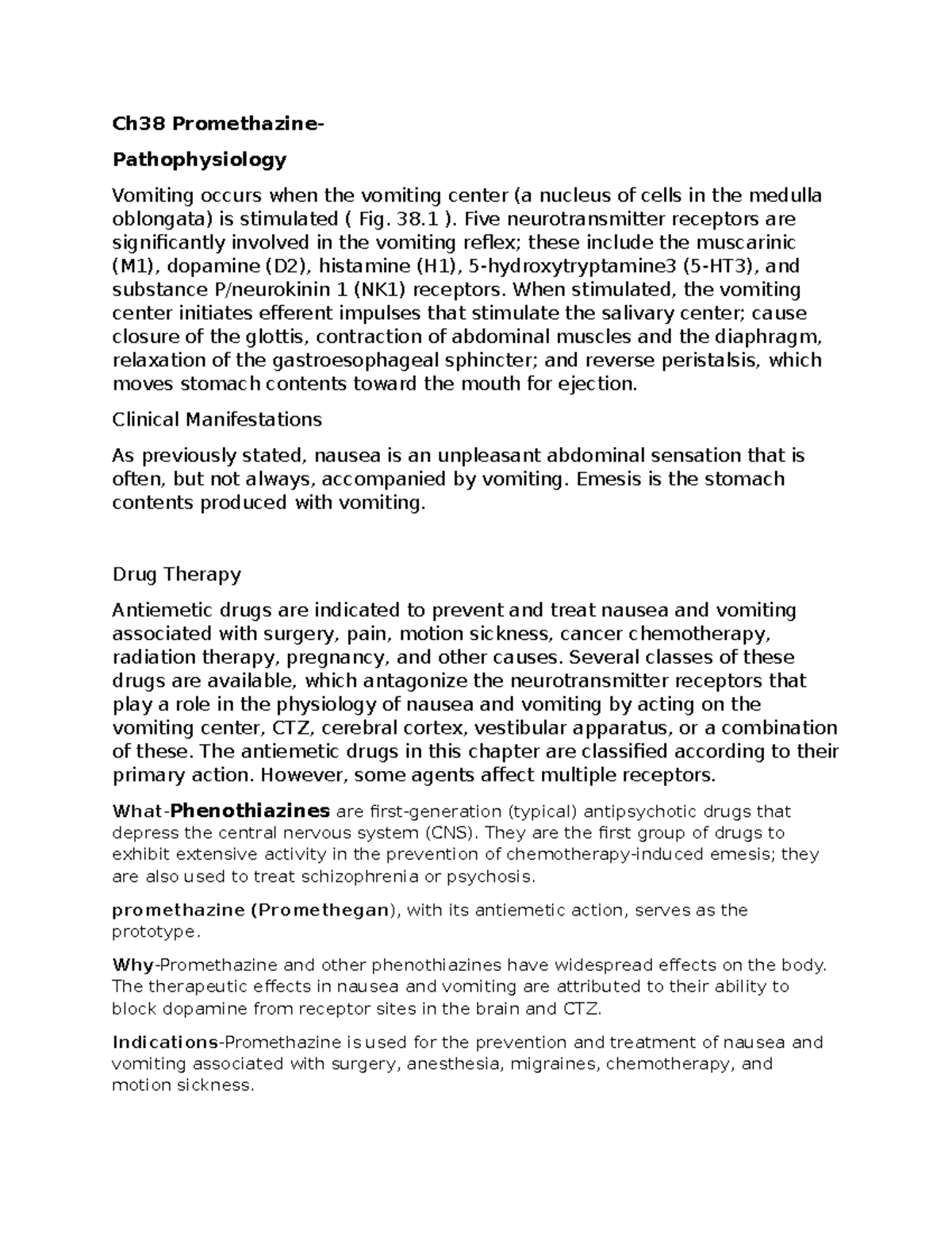 Pharm Exam 3 Ch38 - notes for chapter38 - Ch38 Promethazine ...