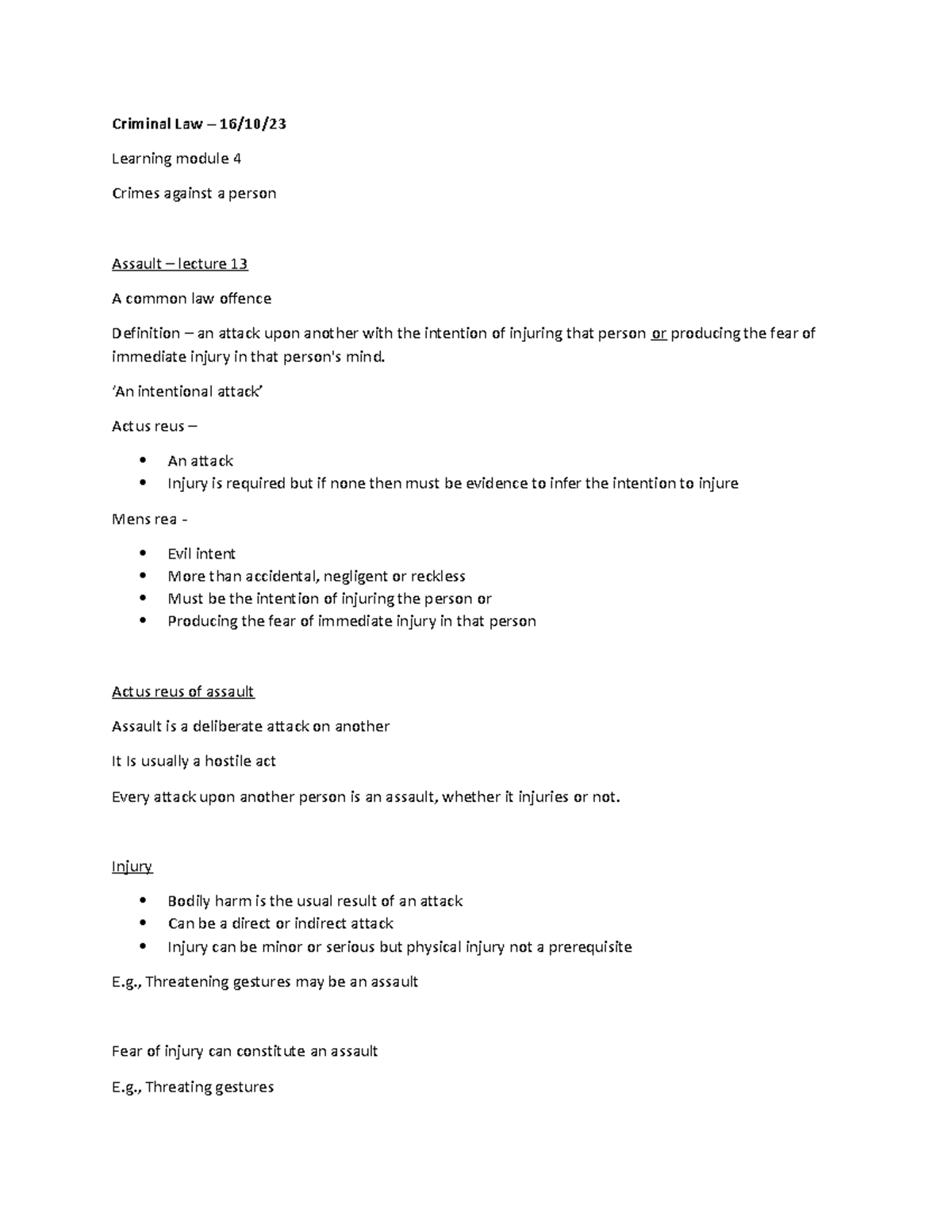 Criminal Law – Module 2 Assault Lecture Notes - Criminal Law – 16/10 ...