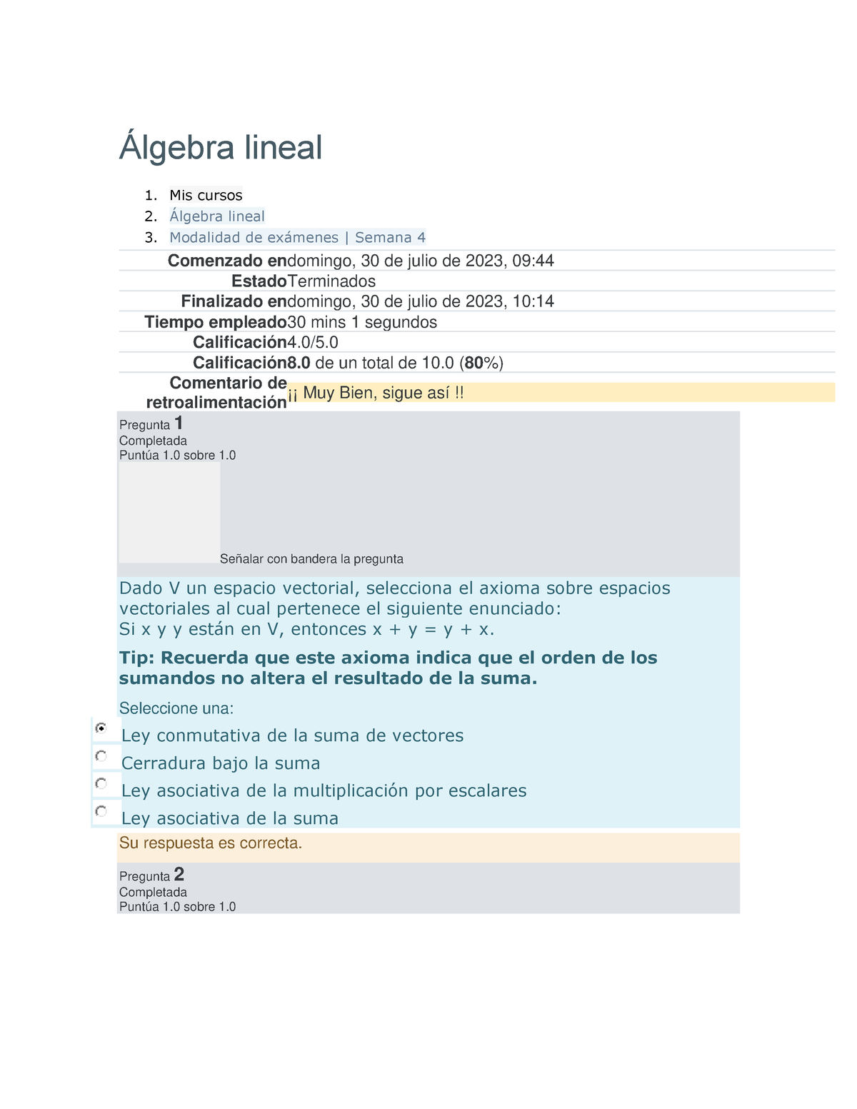 Álgebra Lineal Examen Semana 4 - Álgebra Lineal 1. Mis Cursos 2 ...