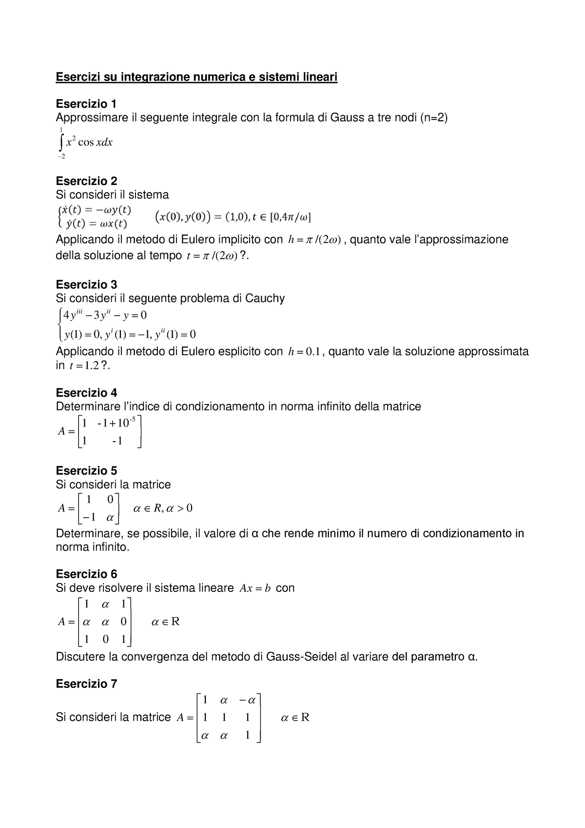 Foglio Esercizi B - Esercizi Su Integrazione Numerica E Sistemi Lineari ...