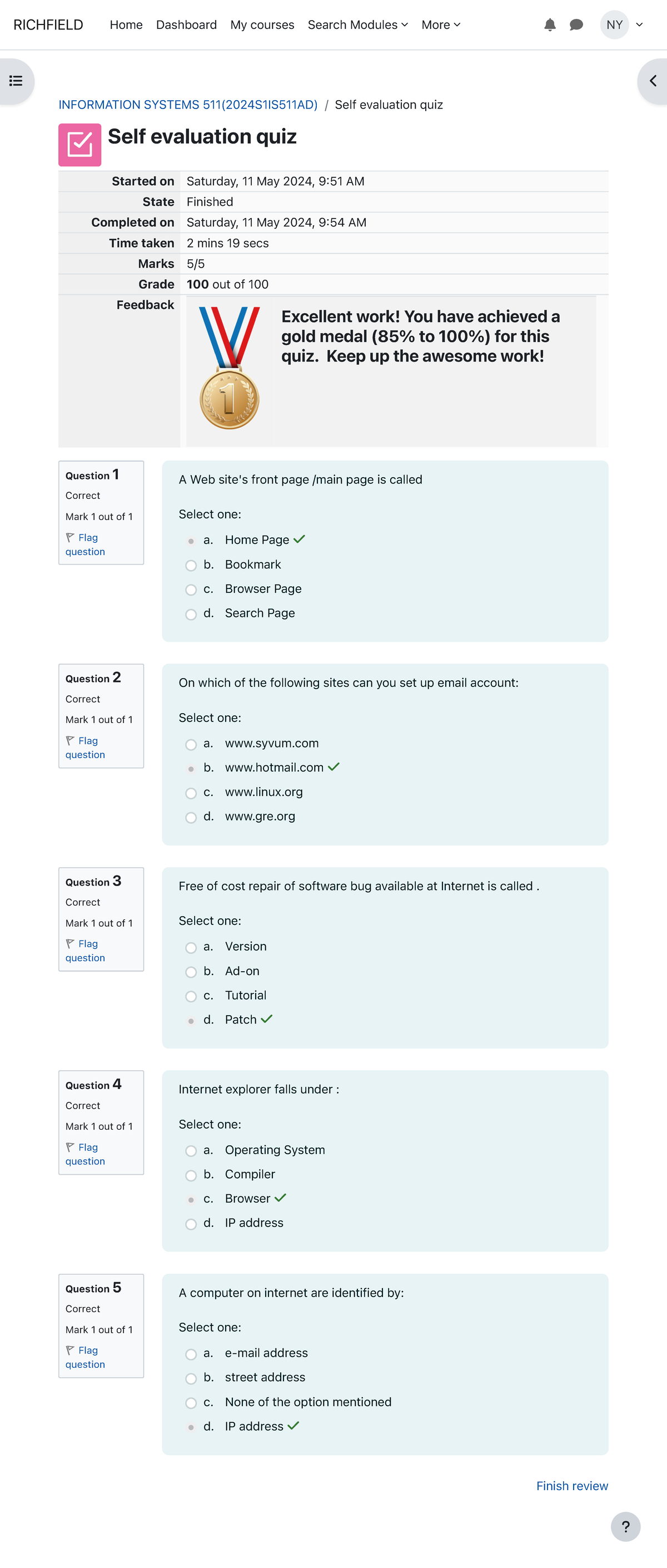 Self evaluation quiz Attempt review Richfield - Question 1 Correct Mark ...