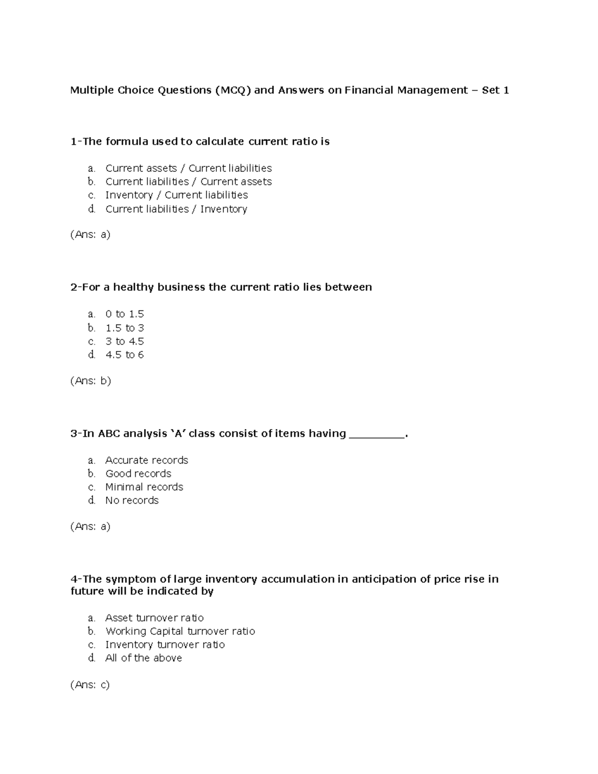 Financial management - Current assets / Current liabilitiesCurrent ...