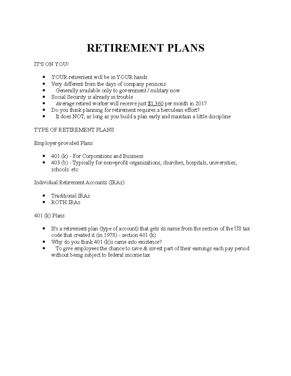 Retirement Plans - Lecture Notes from Professor Borden - RETIREMENT ...