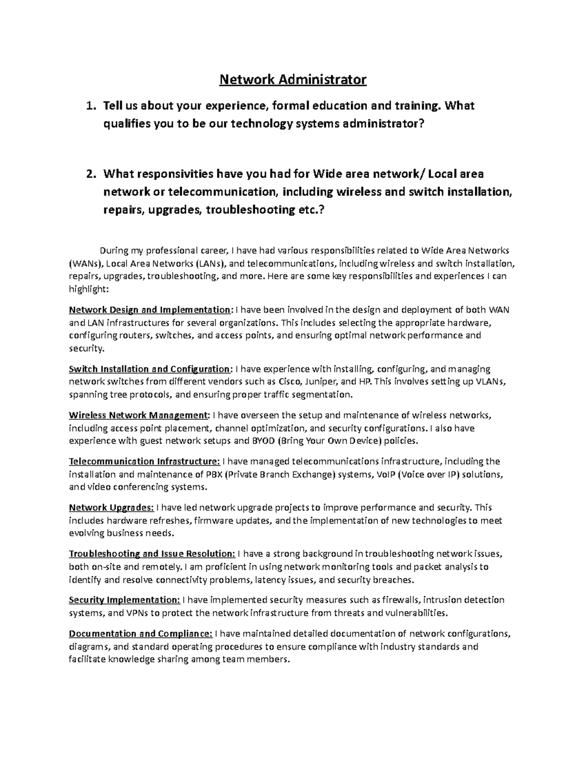 Network Administrator Experience and Qualifications Studocu