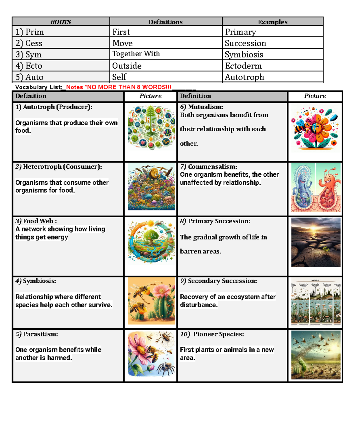 Copy of #5 Biology Root-Vocab - ROOTS Definitions Examples 1) Prim ...