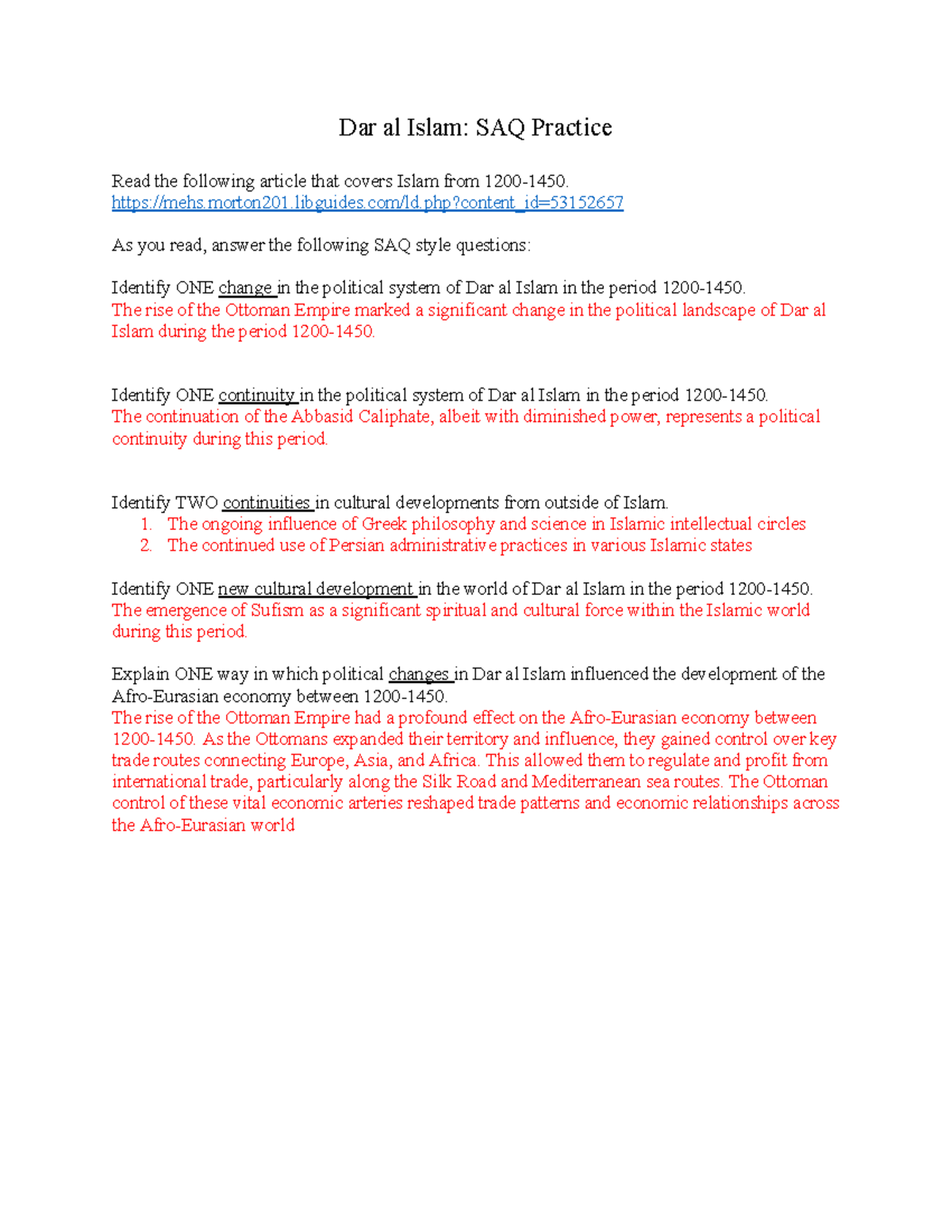 Dar al Islam Reading and Practicing SAQ style questions - Dar al Islam ...