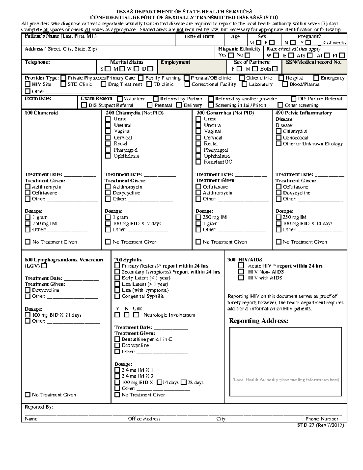 STD Reporting Form Texas - TEXAS DEPARTMENT OF STATE HEALTH SERVICES ...