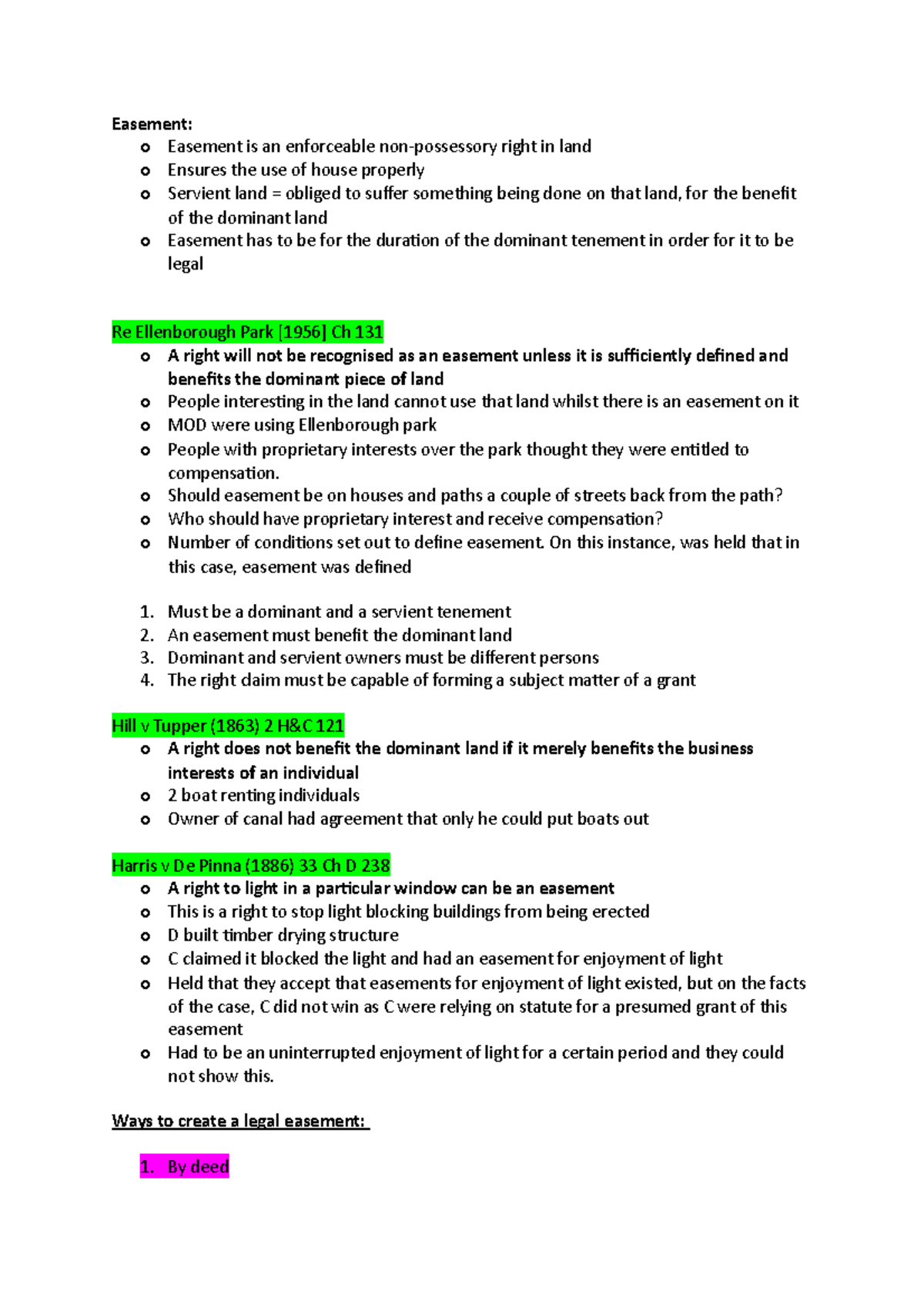 Notes on easements in Land Law - Easement: o Easement is an enforceable ...