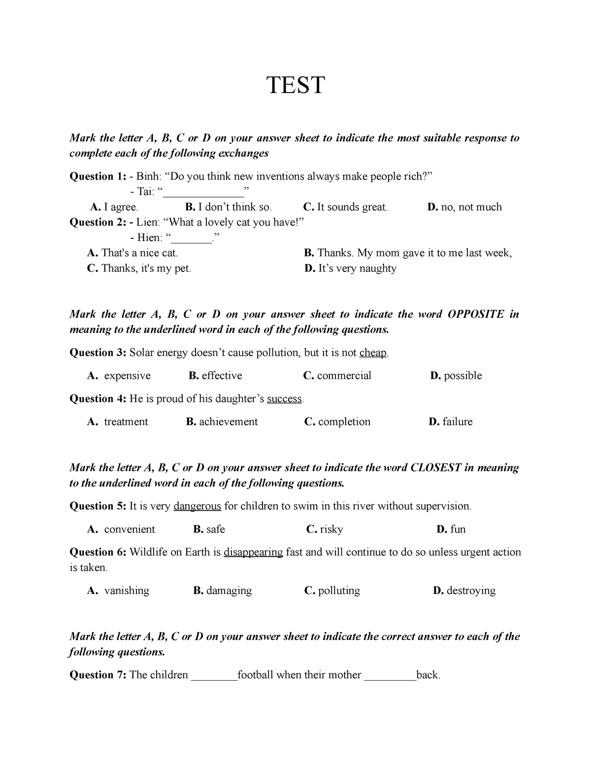 TEST - TEST Mark The Letter A, B, C Or D On Your Answer Sheet To ...