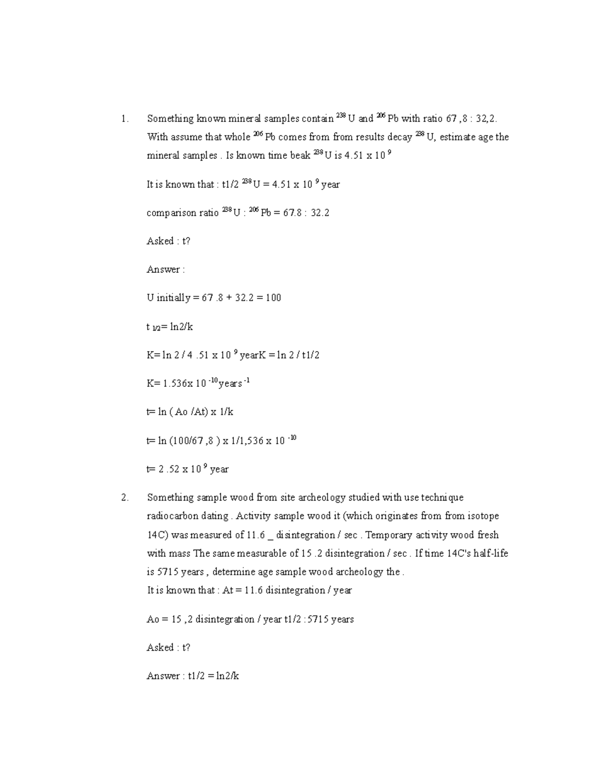 Mineral samples - With assume that whole 206 Pb comes from from results ...