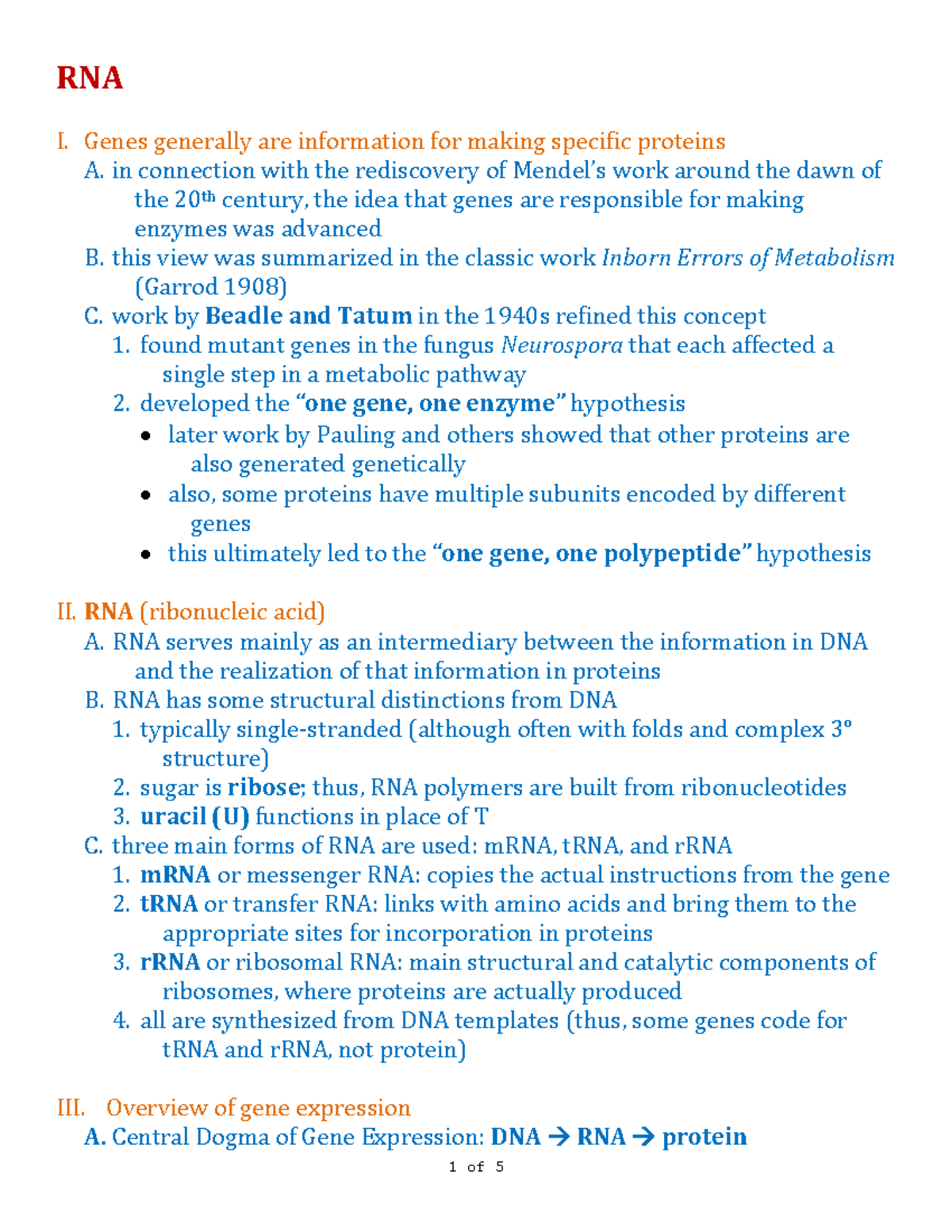 RNA - Lecture notes 13 - RNA I. Genes generally are information for ...