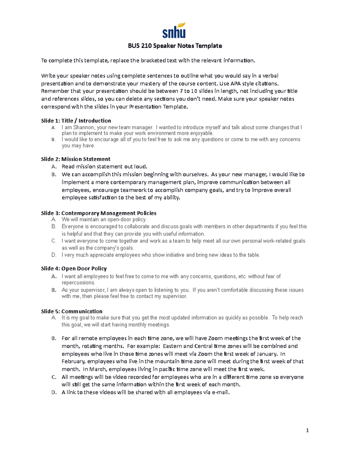 Module 7 Project One Speaker Notes BUS 210 Speaker Notes Template To