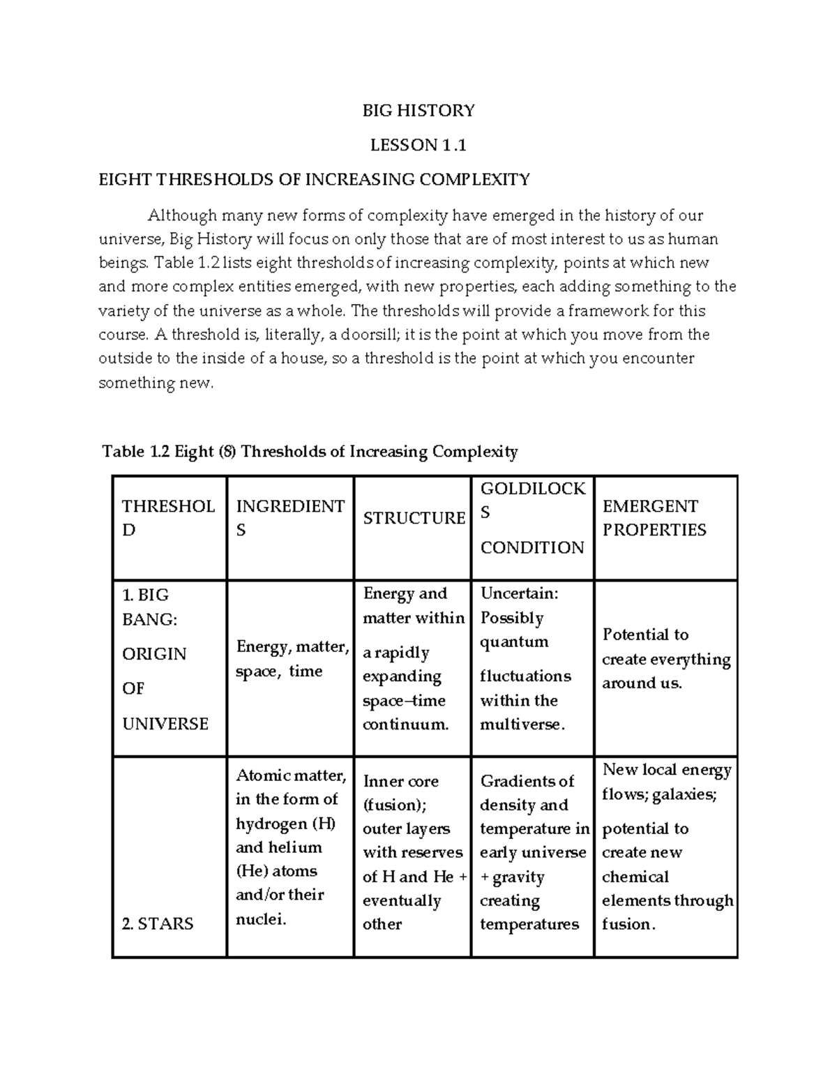 BIG History Lesson 1 BIG HISTORY LESSON 1. EIGHT THRESHOLDS OF