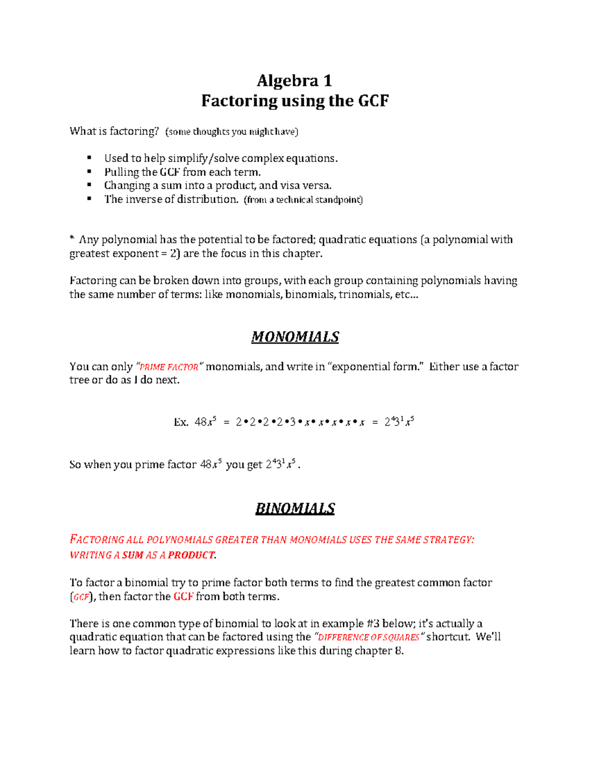 Alg 1 Ch 8 Notes 01 - GCF and Factoring Monomials and Binomials ...