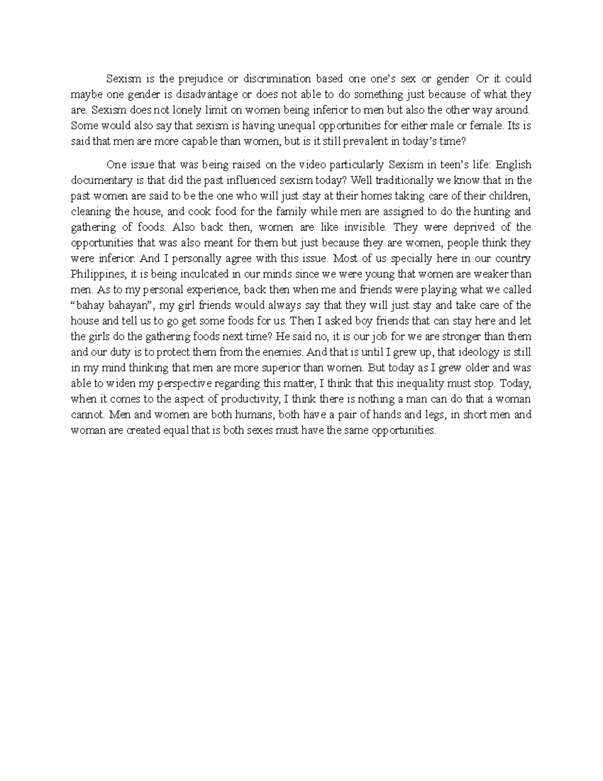 Sexism reaction paper - Sexism is the prejudice or discrimination based ...