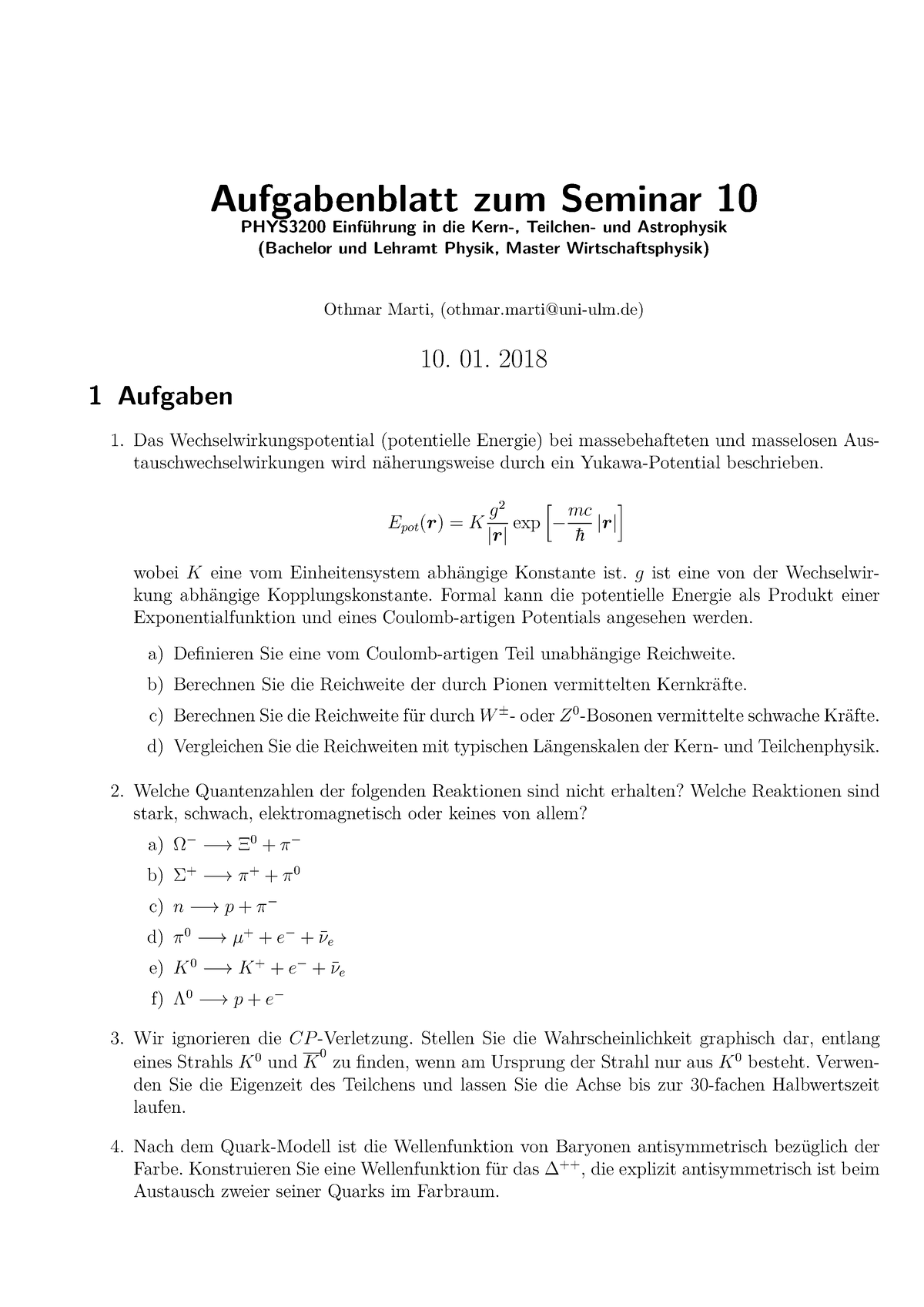 Aufgabenblatt 10 Zu Den Seminaren Vom 10. 01. 2018 Mit L”sungen ...