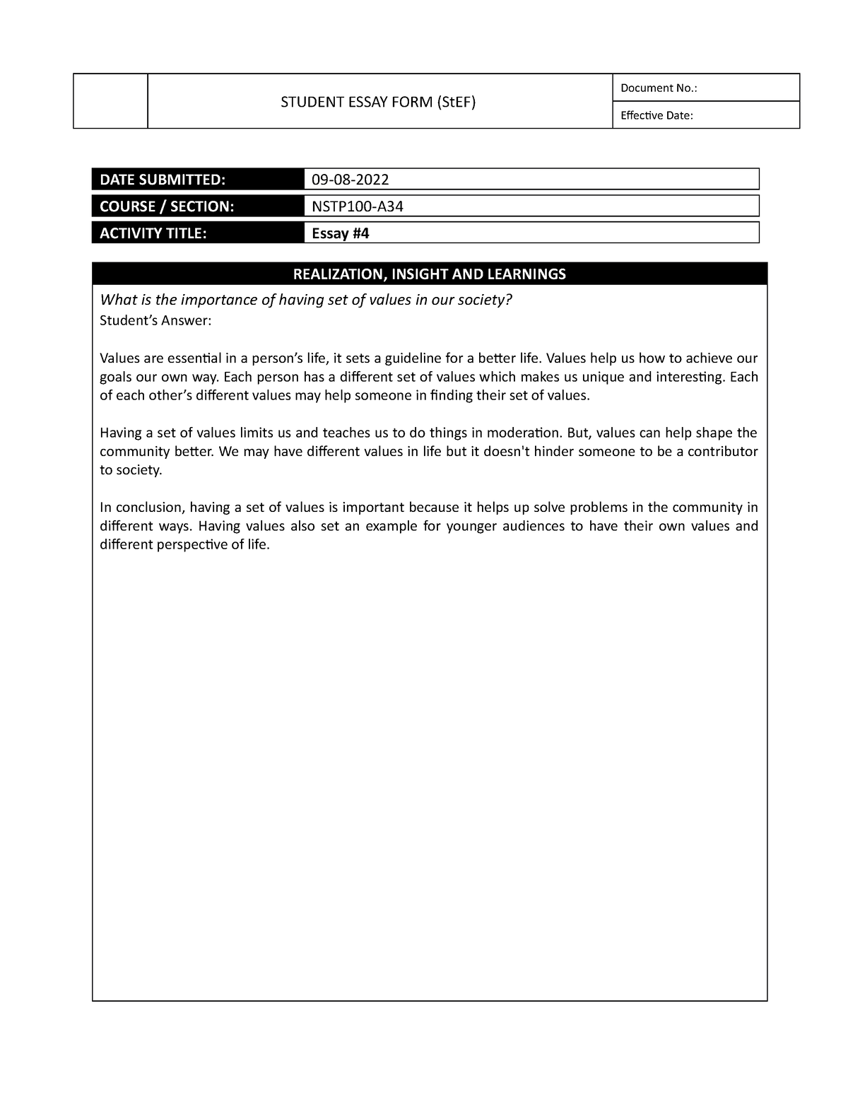 Alpino- NSTP1 00 Essay #4 - STUDENT ESSAY FORM (StEF) Document No ...