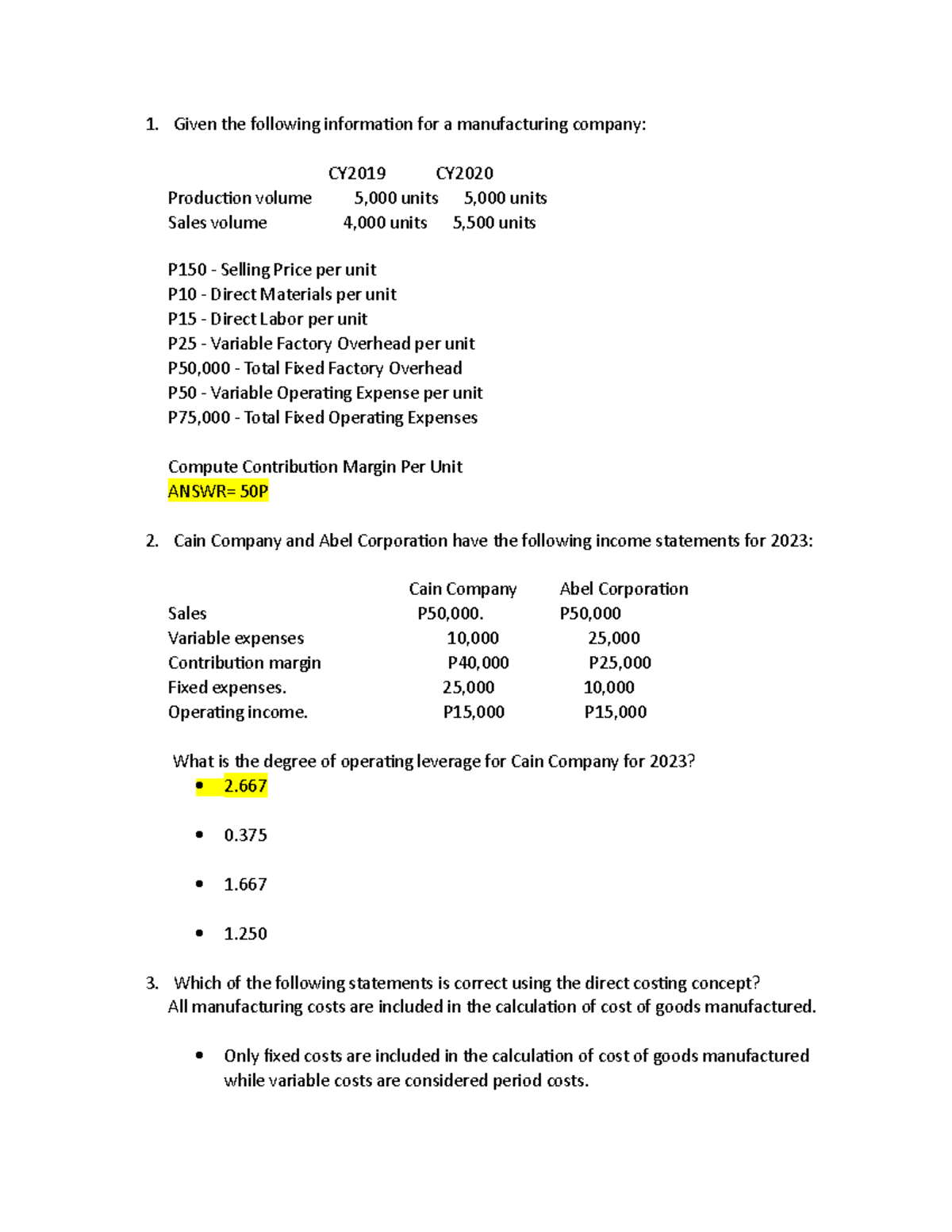 Stracos QUIZ3 - practice test notes on cost volume analysis, cost ...