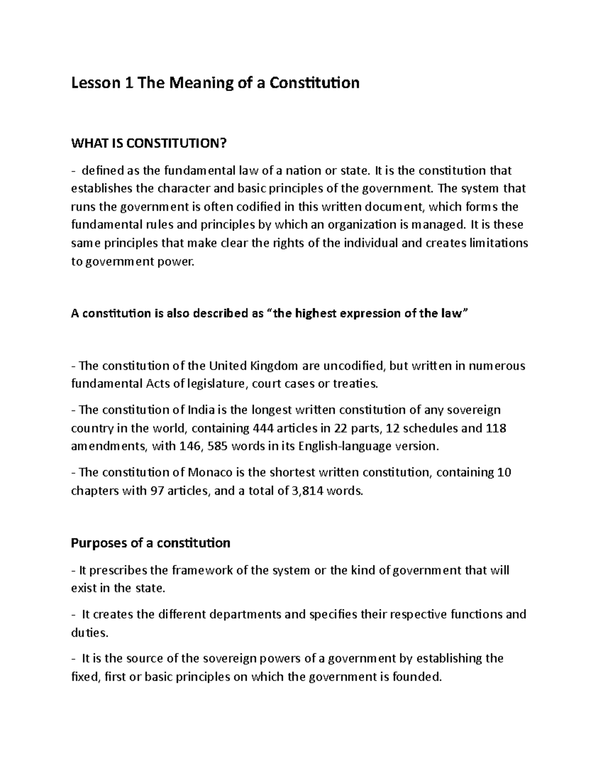 Lesson 1 The Meaning of a Constitution It is the constitution that establishes the character