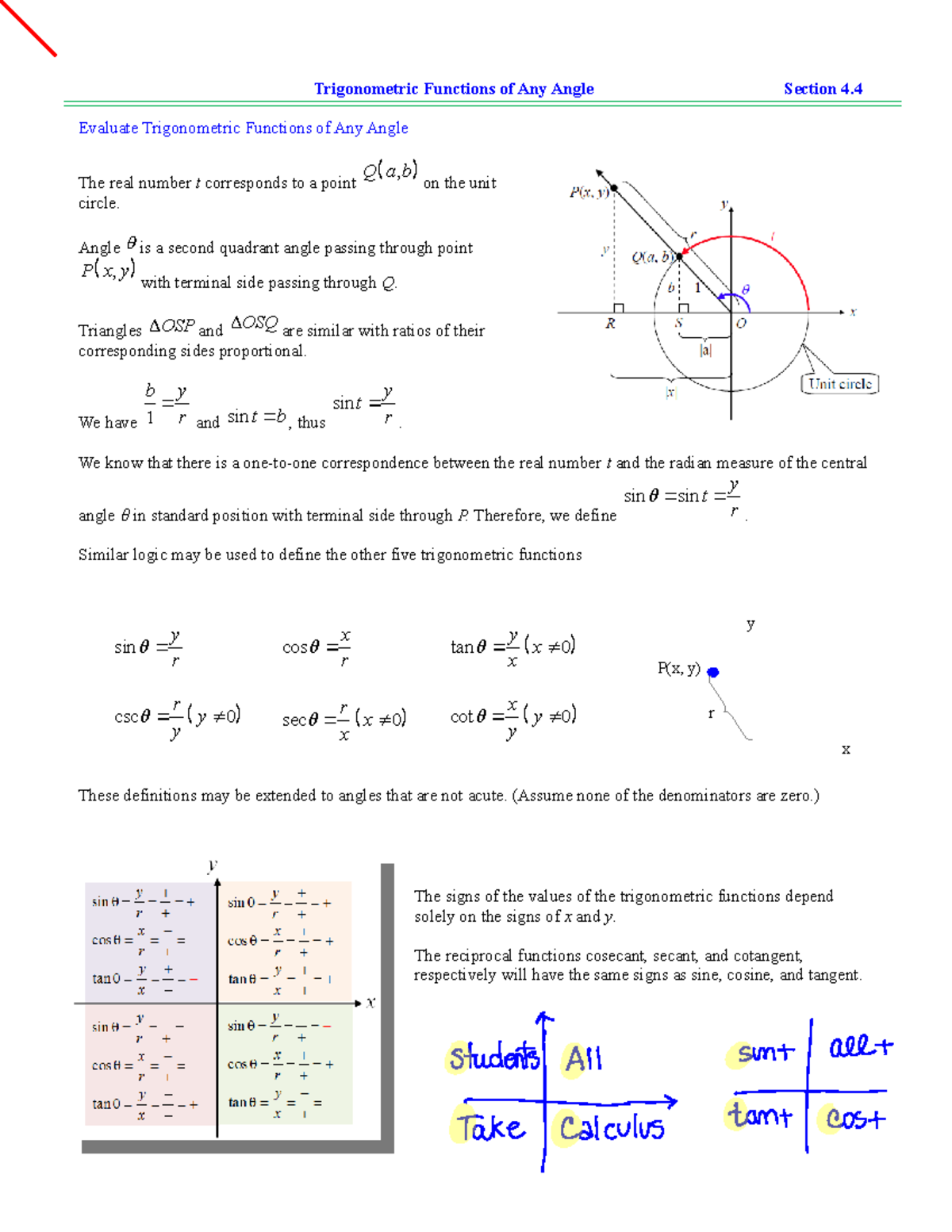 PC LEC 4.4 Solutions - Lecture notes 4.4 - r P(x, y) x y Trigonometric ...