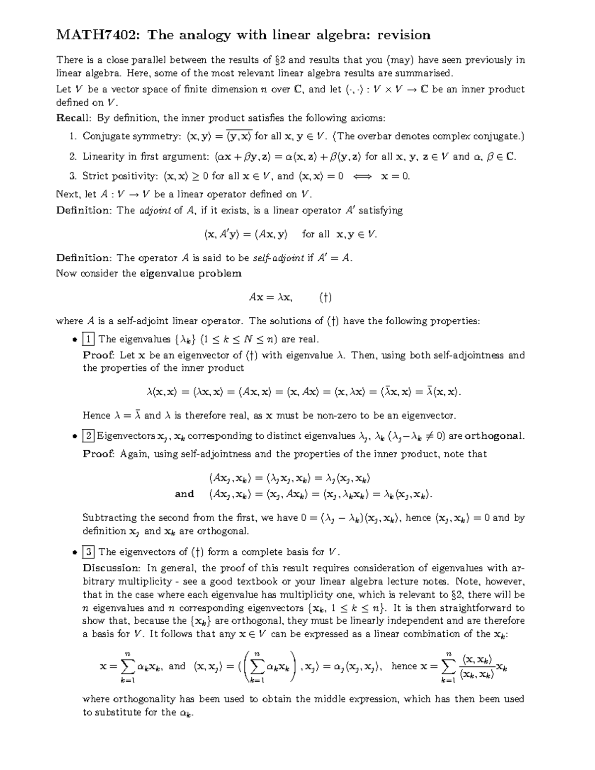 Algebra - Notes - MATH7402: The analogy with linear algebra: revision ...