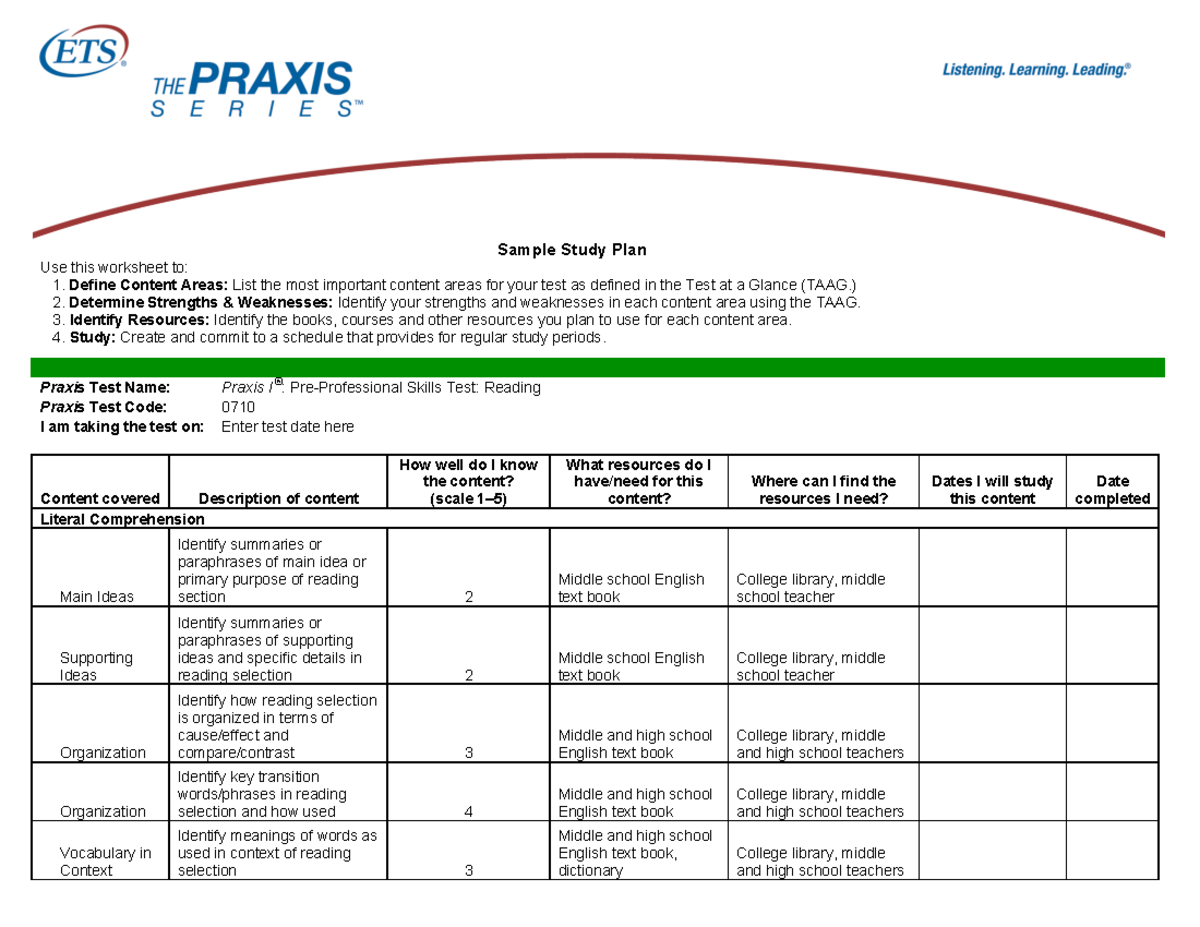 Sample study plan - notes - Sample Study Plan Use this worksheet to: 1 ...