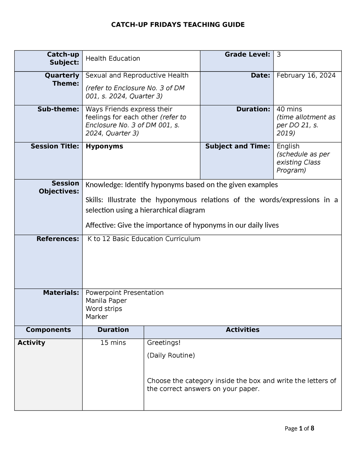 English Catch up Friday Week 3 Catchup Subject Health Education