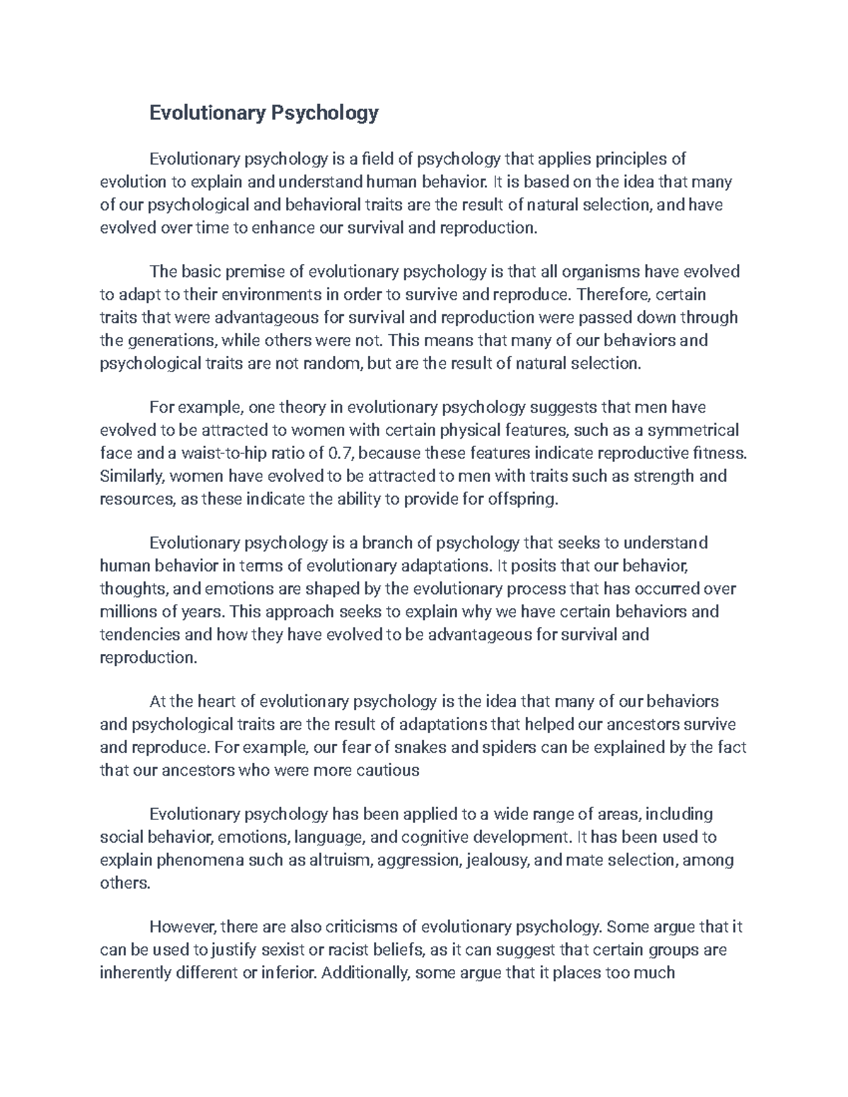 Ev. psych Evolutionary Psychology Evolutionary psychology is a field