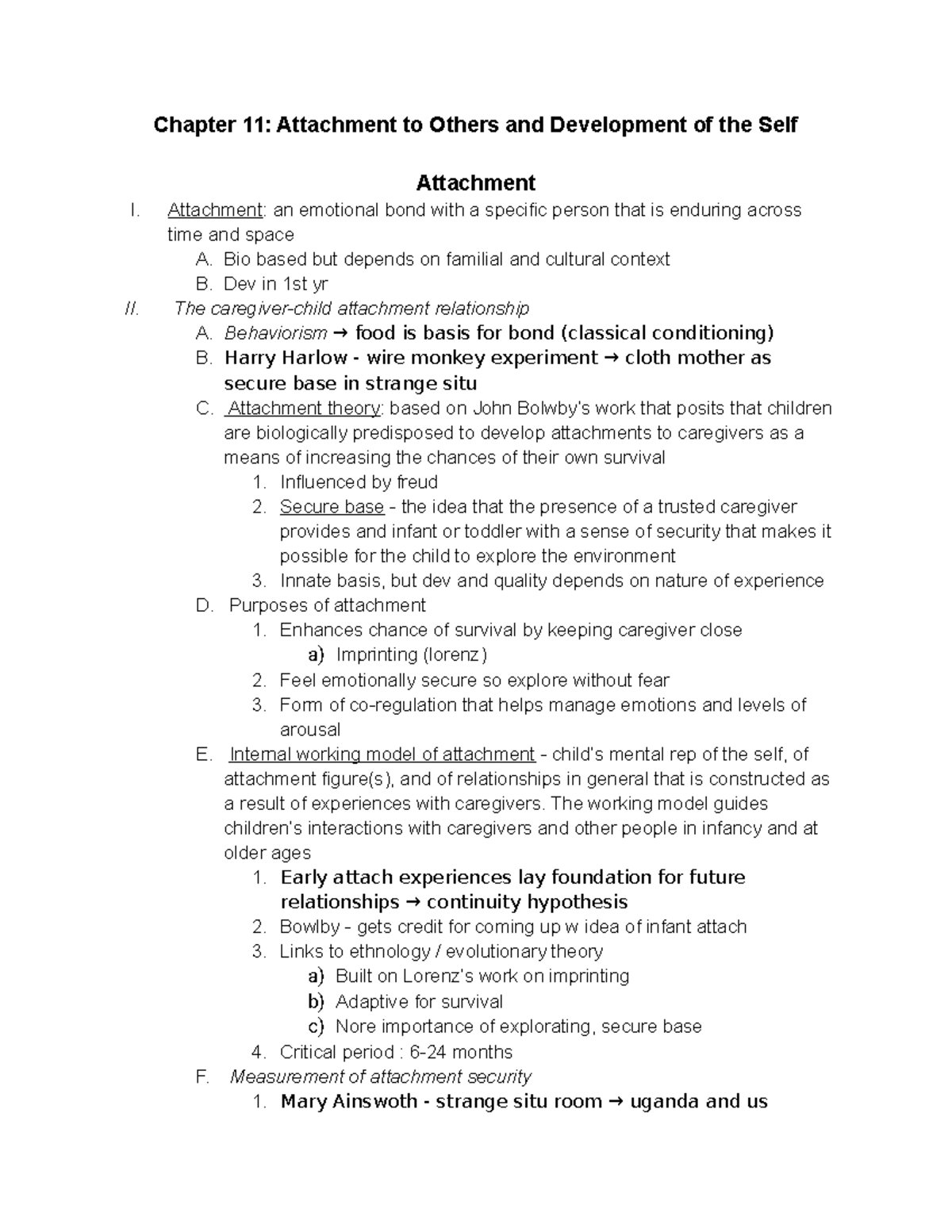 Final study guide - Chapter 11: Attachment to Others and Development of ...