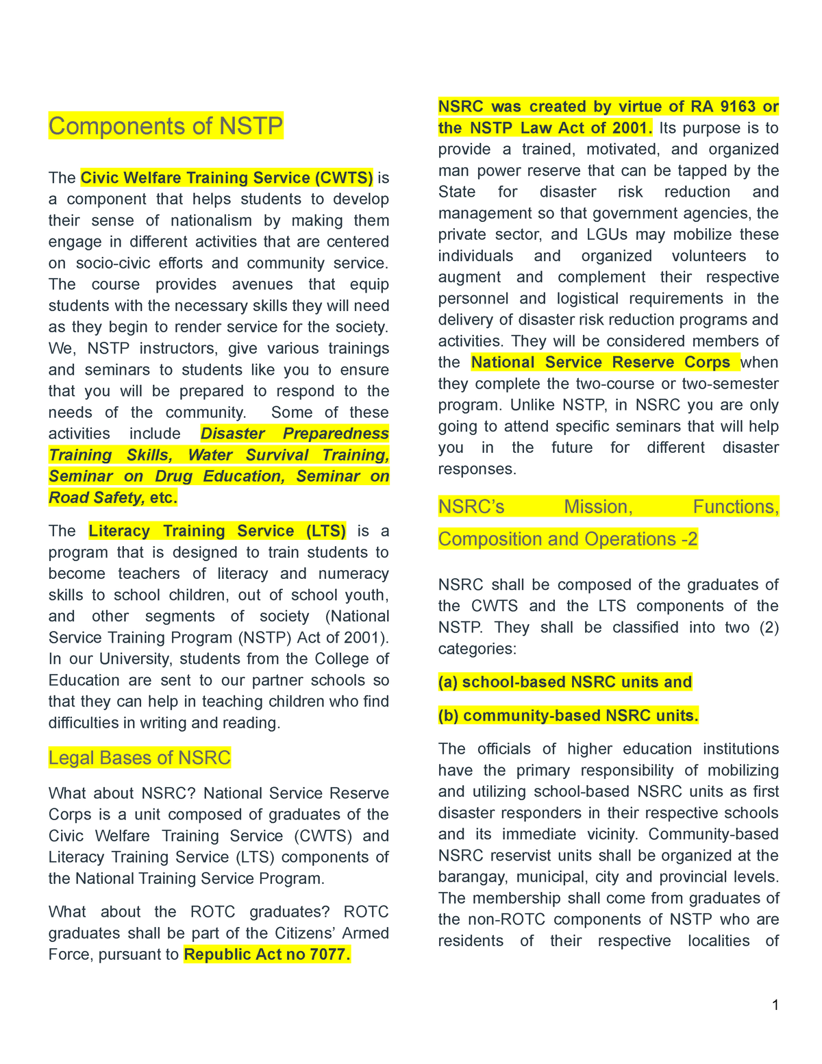 NSTP Reviewer Components Of NSTP The Civic Welfare Training Service 