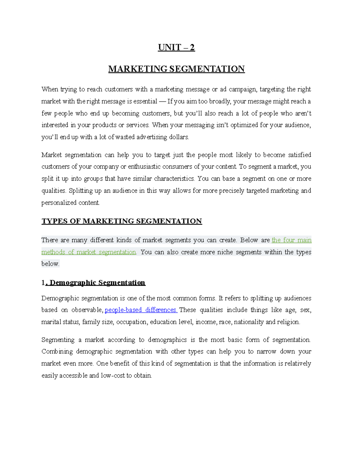 UNIT 2 Marketing Segmentation - UNIT – 2 MARKETING SEGMENTATION When ...