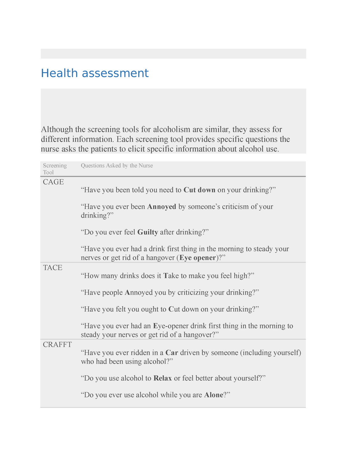 Health assessment - nmeonicsa - Health assessment Although the ...