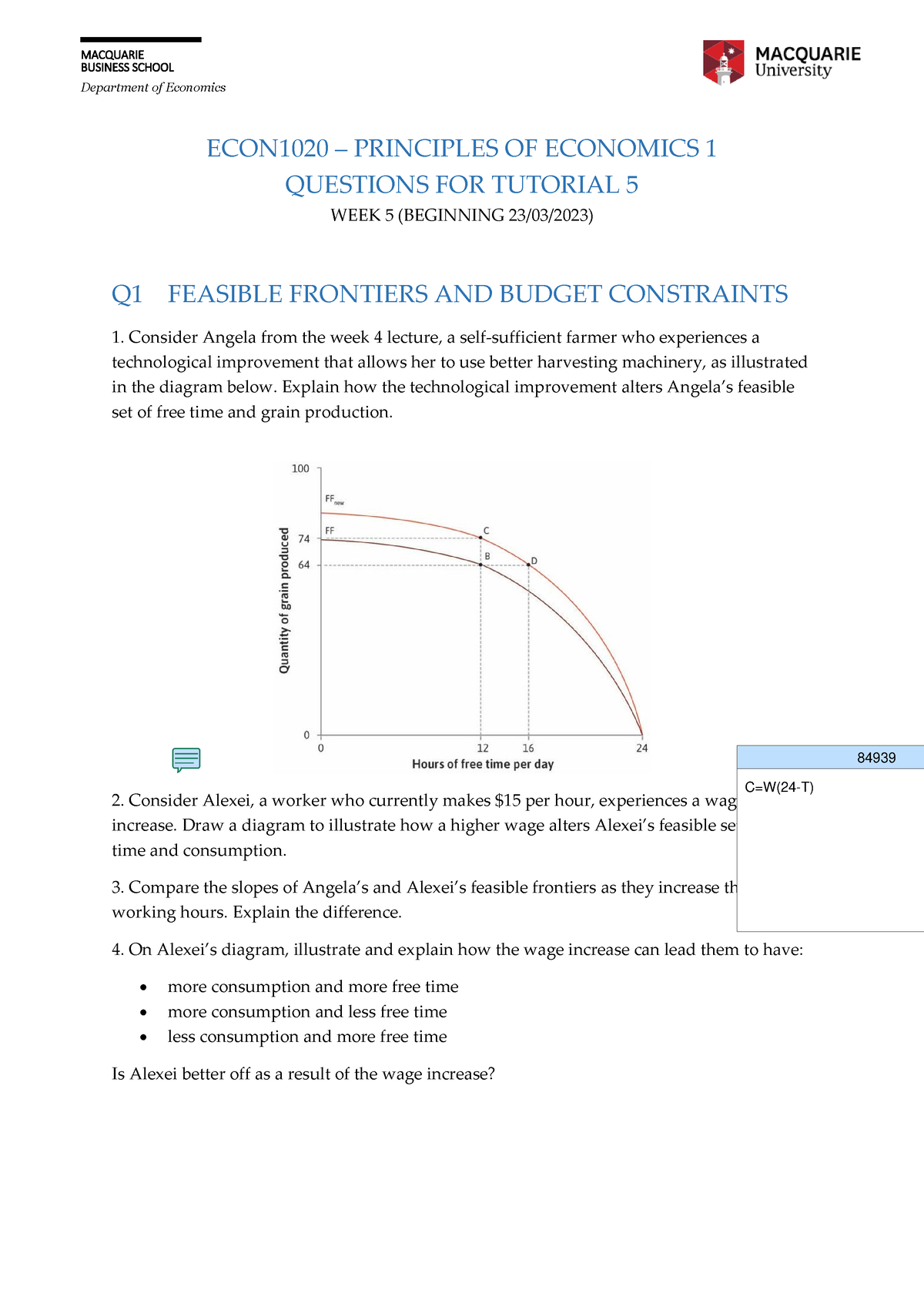 ECON 1020 S1 2023 Tutorial 5 - Questions - MACQUARIE BUSINESS SCHOOL ...