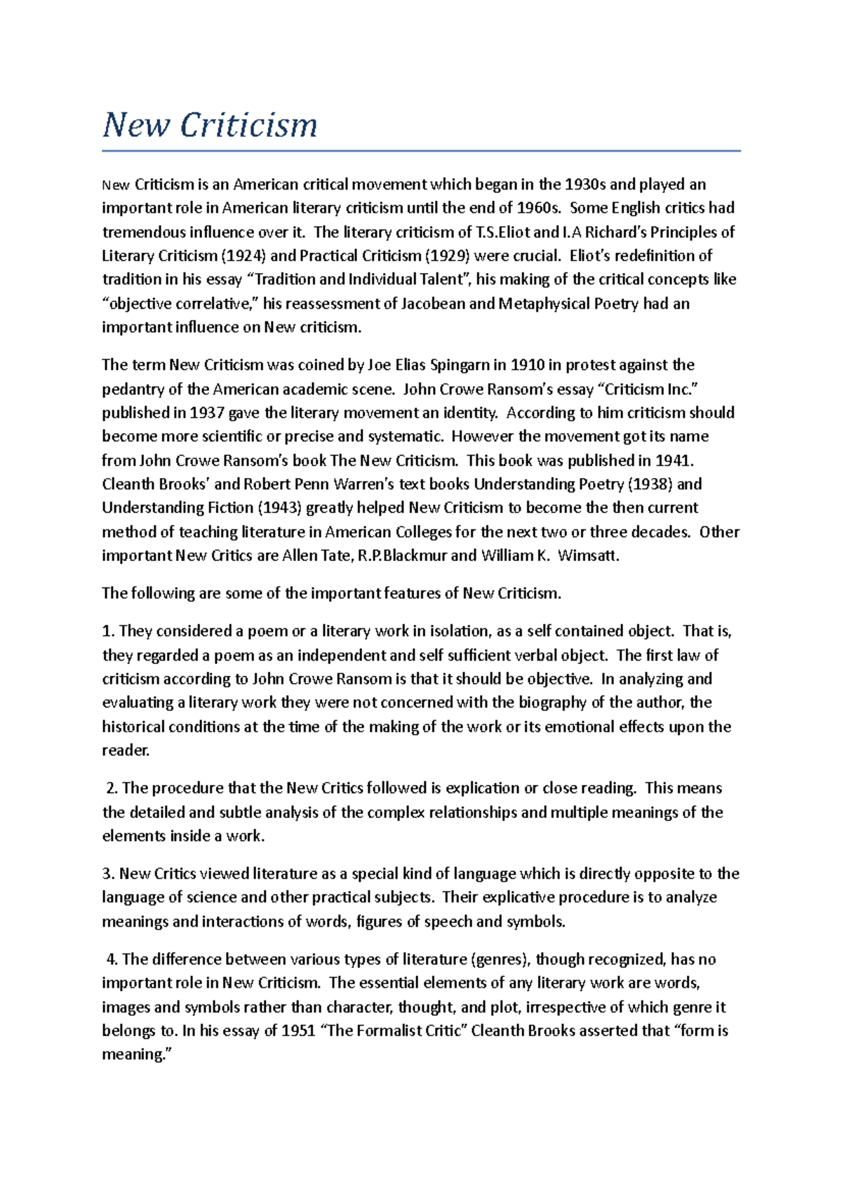 New Criticism and International and Affective Fallacy New Criticism