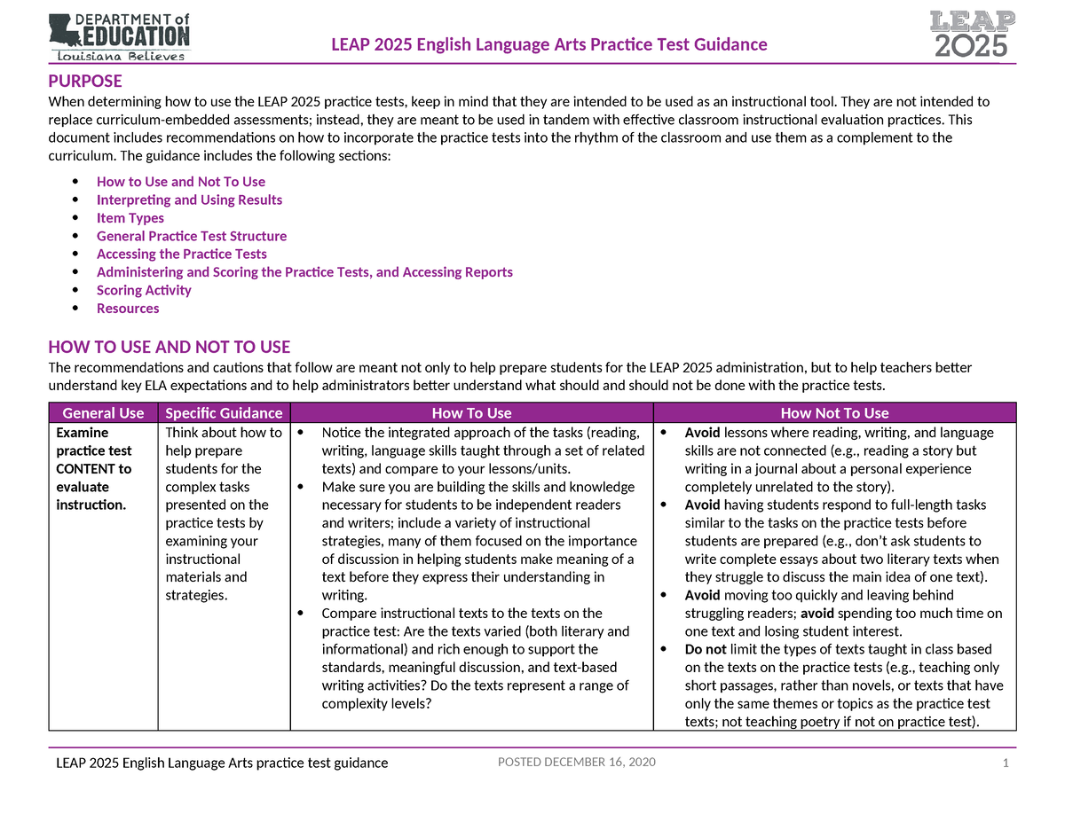 Leap 2025 ela practice test guidance PURPOSE When determining how to