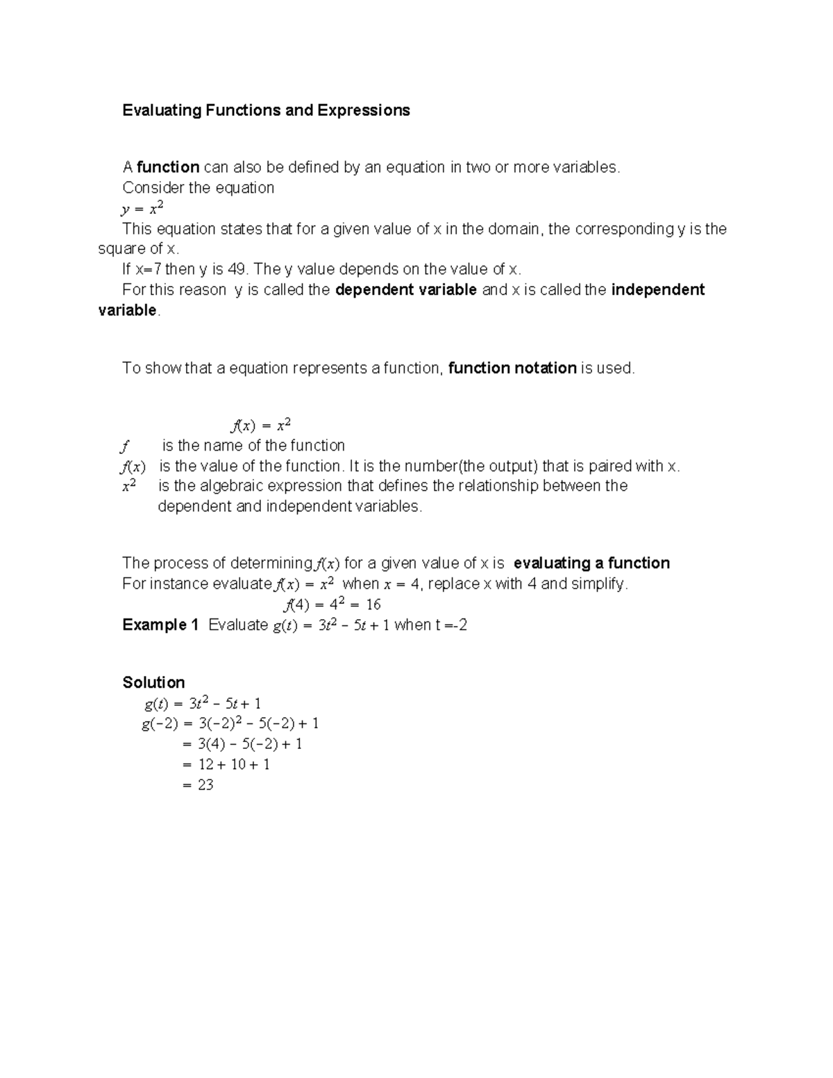 Evalfunnexpr - NOTES - Evaluating Functions and Expressions A function ...