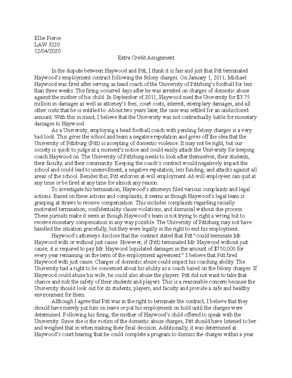 Law Extra Credit Assignment Ellie Pierce LAW 3220 12 04 Extra Credit 