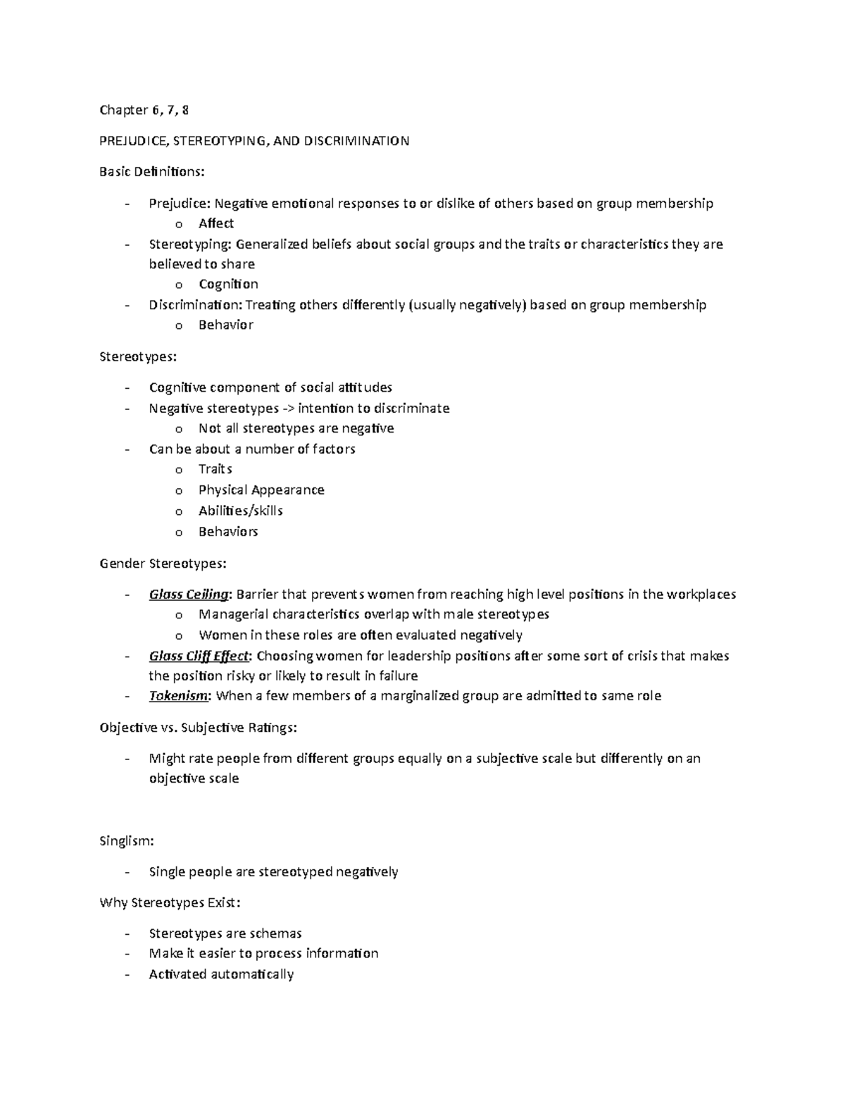 Social Psychology Chapter 6, 7, 8 Notes - Chapter 6, 7, 8 PREJUDICE ...