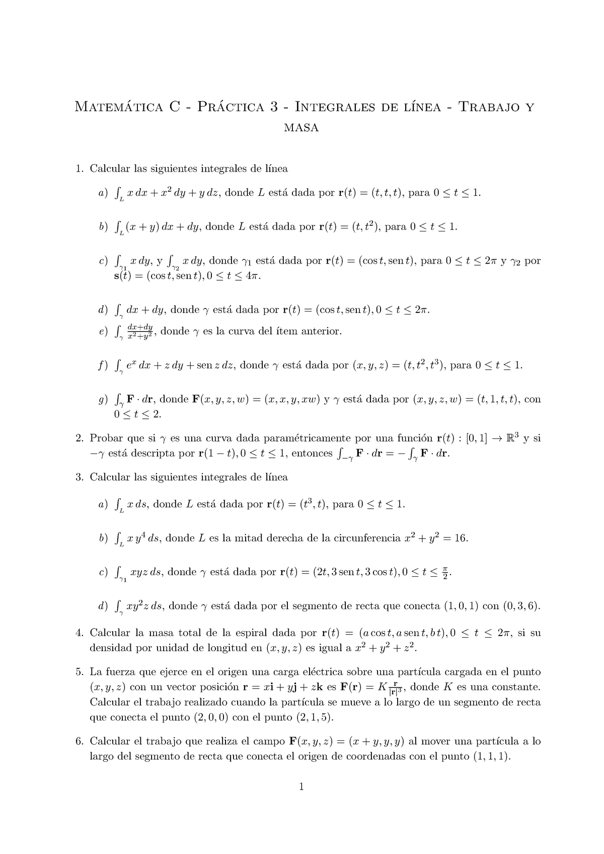 Integrales De Línea ´ Tica C Pra ´ Ctica 3 Integrales De L´ınea Trabajo Y Matema Masa 1 1543