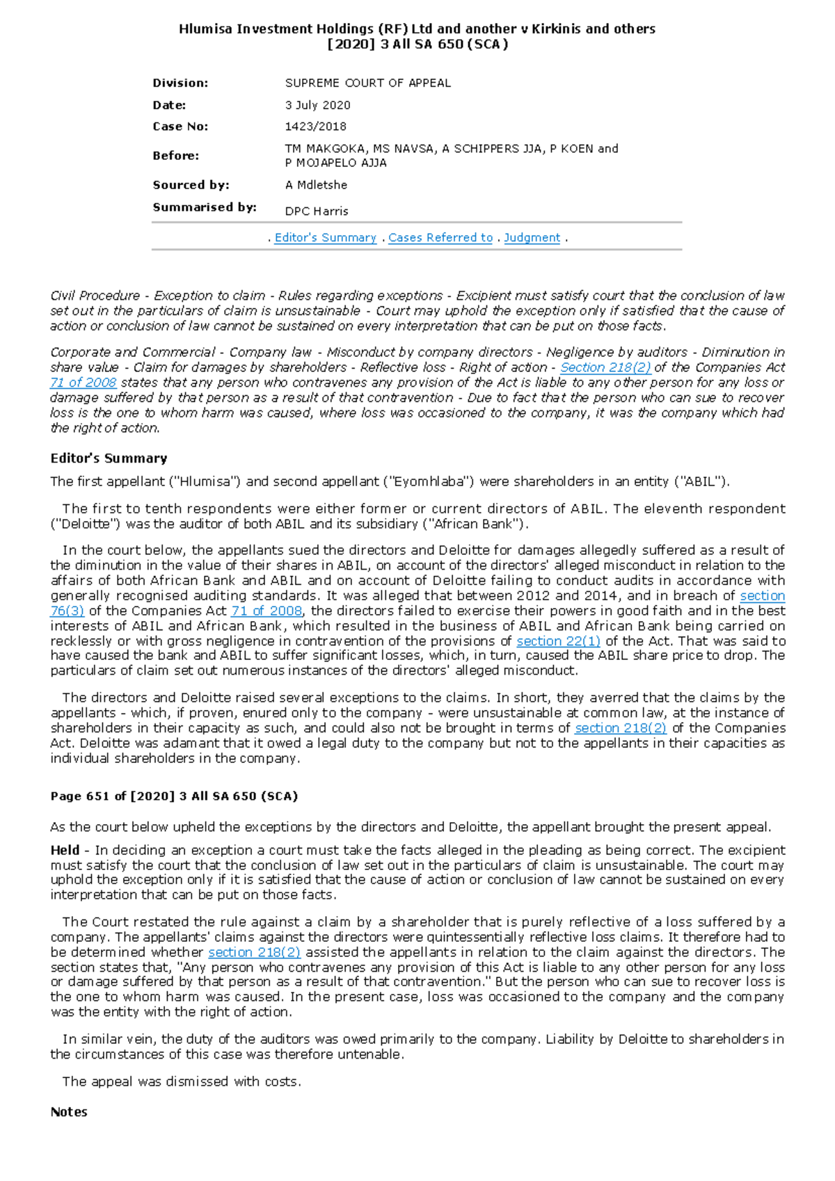 Hlumisa Investment Holdings (RF) Ltd and another v Kirkinis and others