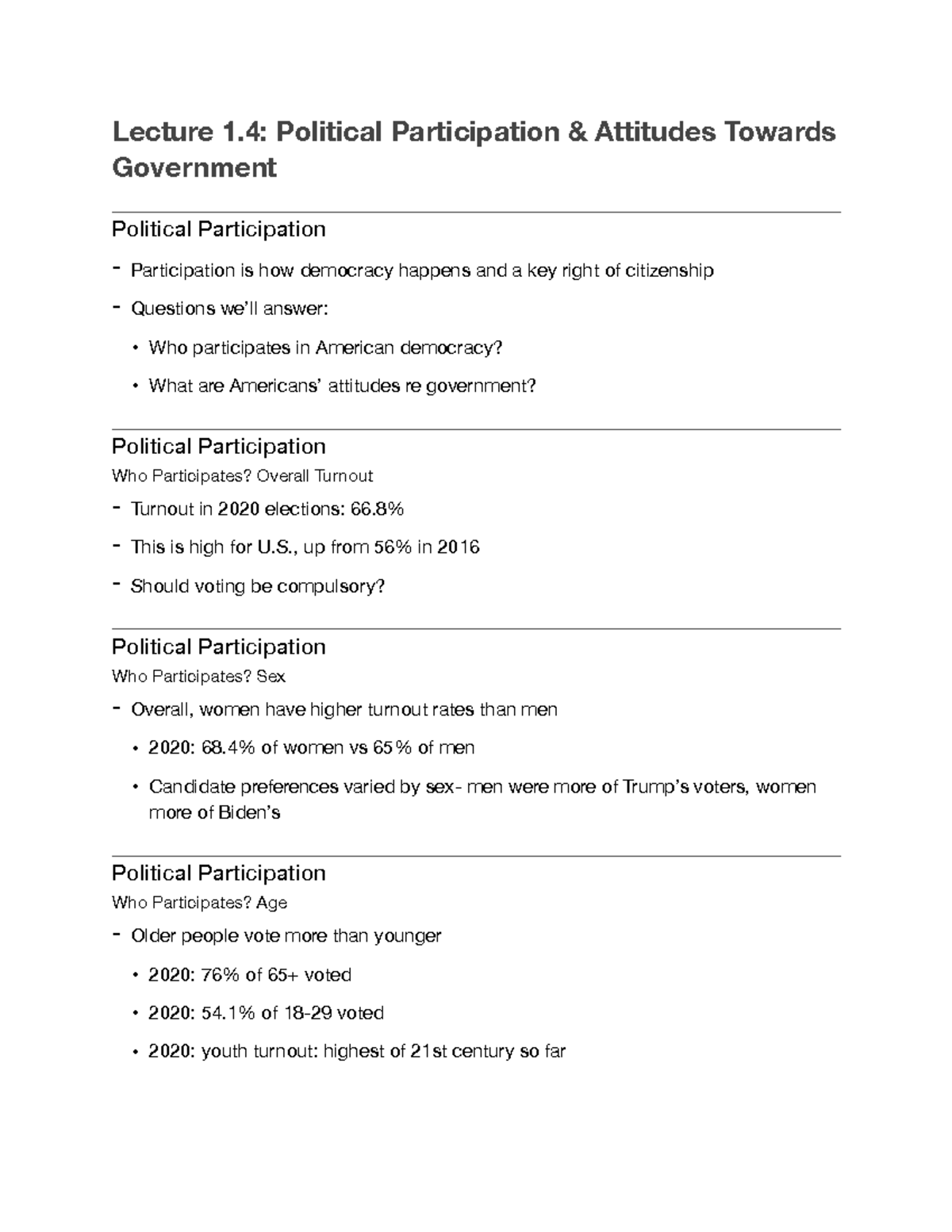 Lecture 1 - Lecture 1: Political Participation & Attitudes Towards ...