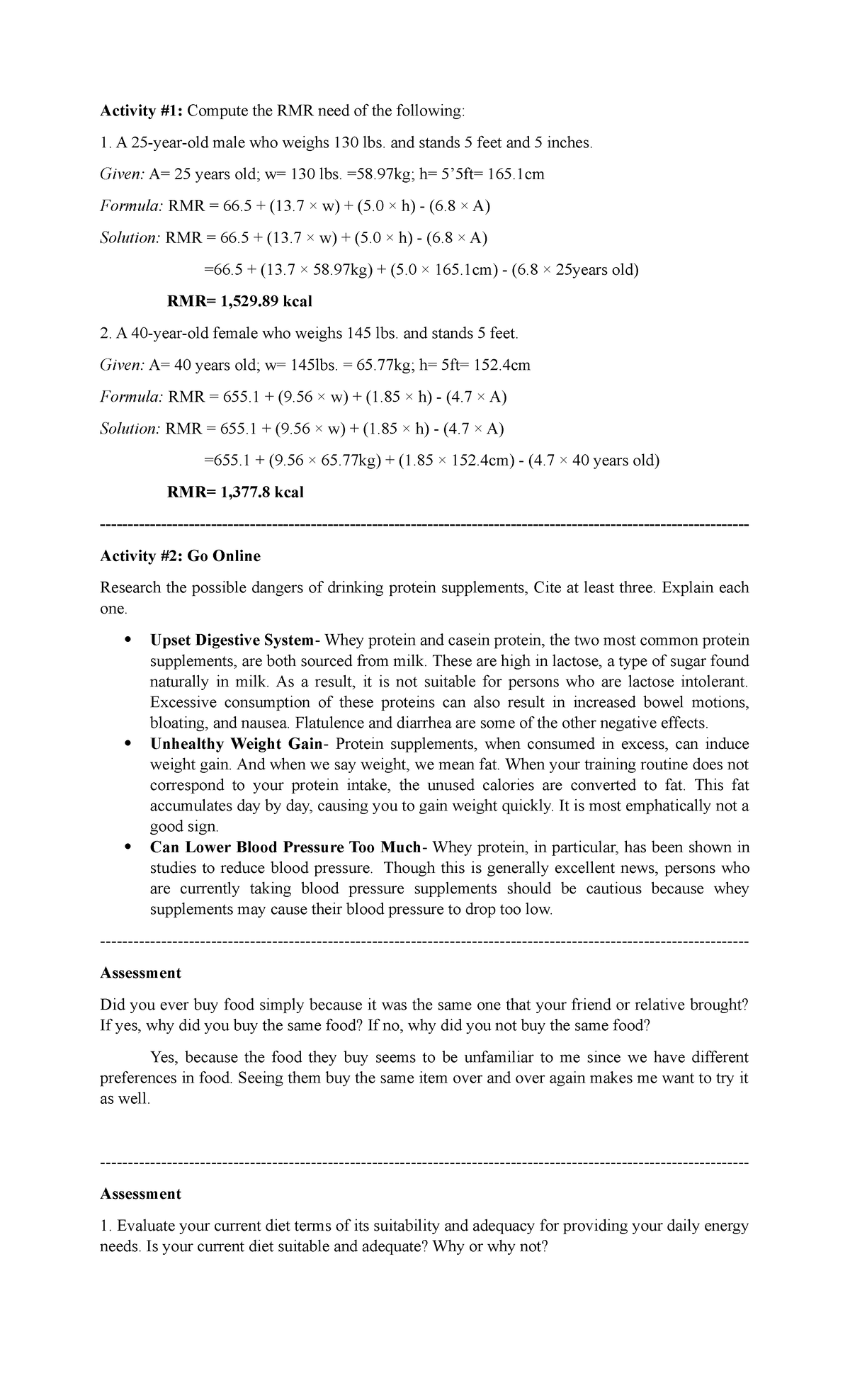 PE 1 Activities and Assesments Guide 2 - Activity #1: Compute the RMR ...