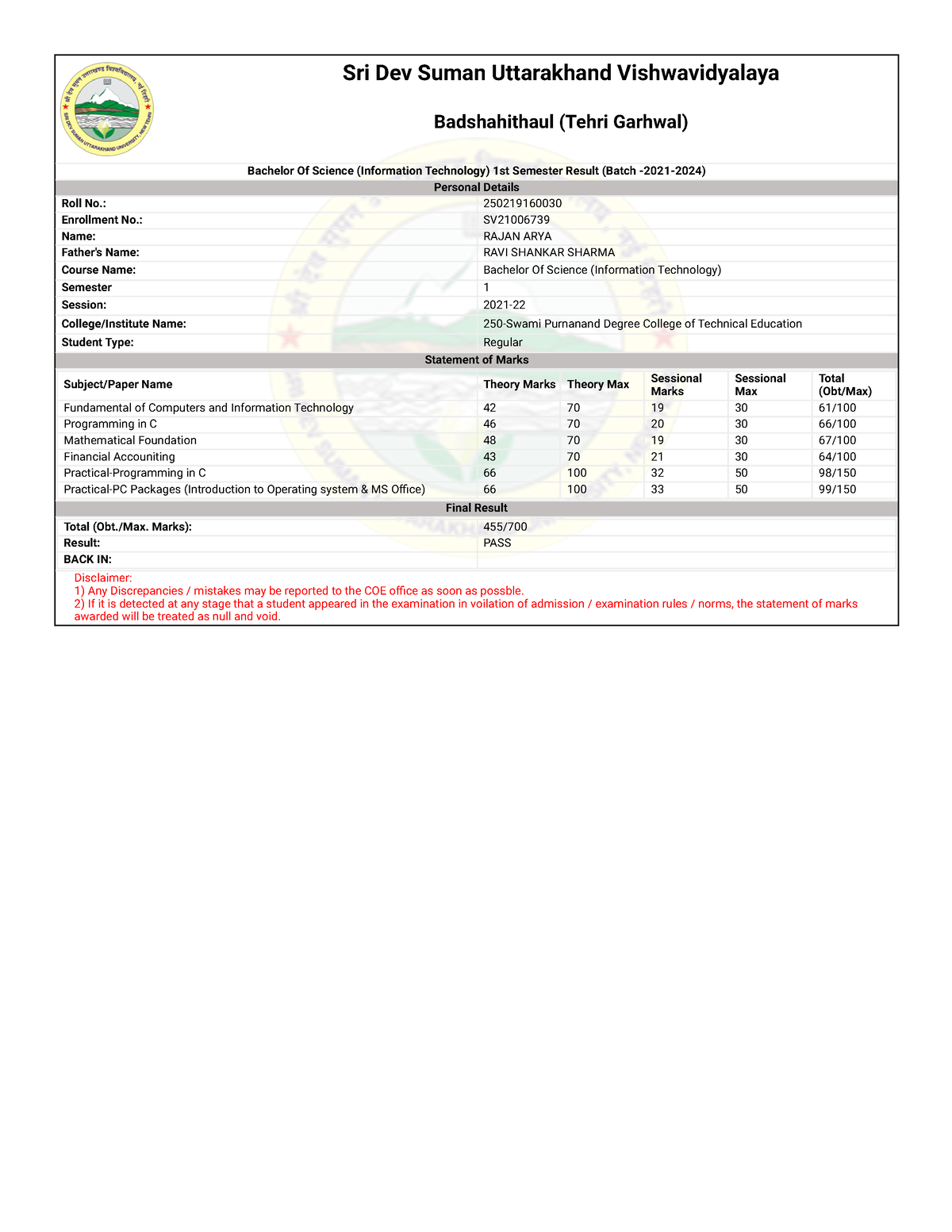 Raja Arya Results - Hlo - Sri Dev Suman Uttarakhand Vishwavidyalaya ...