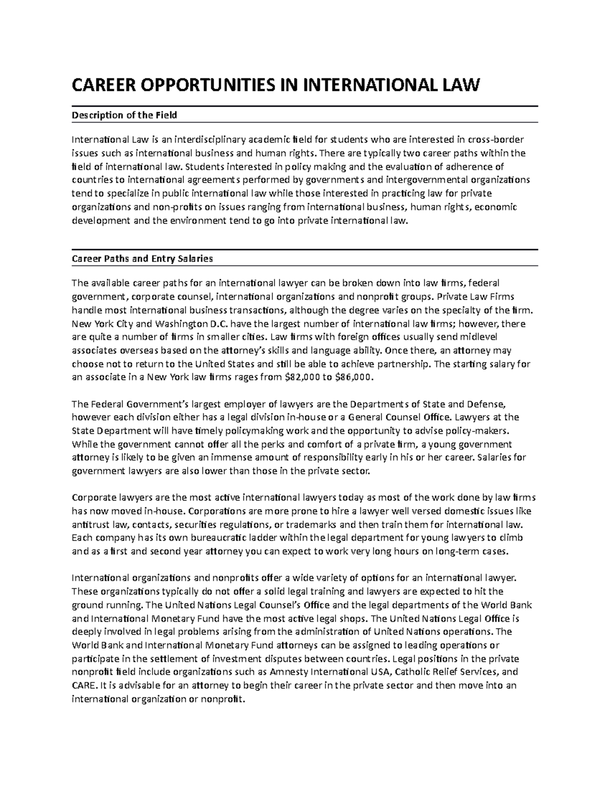 Career Opportunities IN International LAW CAREER OPPORTUNITIES IN INTERNATIONAL LAW