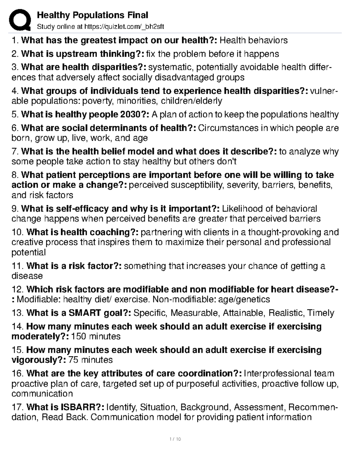 Healthy Populations Final Study online at quizlet/_bh2sft What has