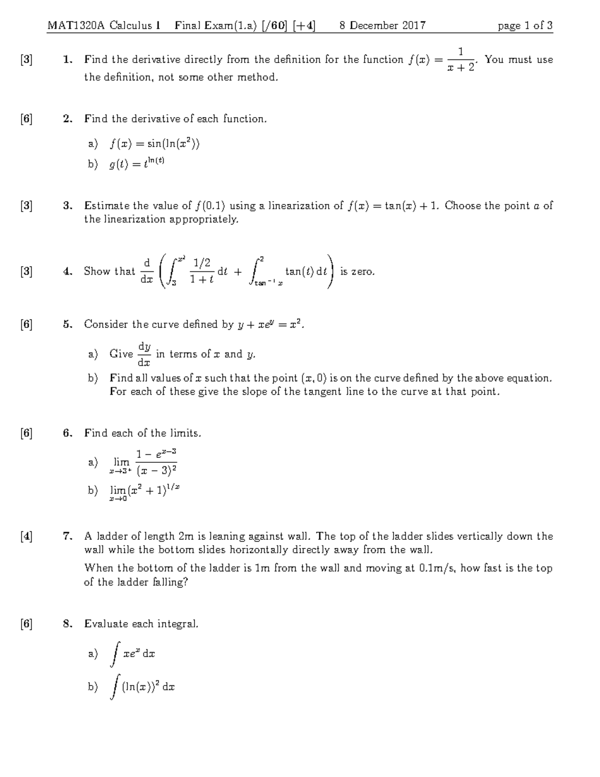 FINAL EXAM PRACTICE TEST 2 (With Answers) - MAT1320A Calculus I Final ...